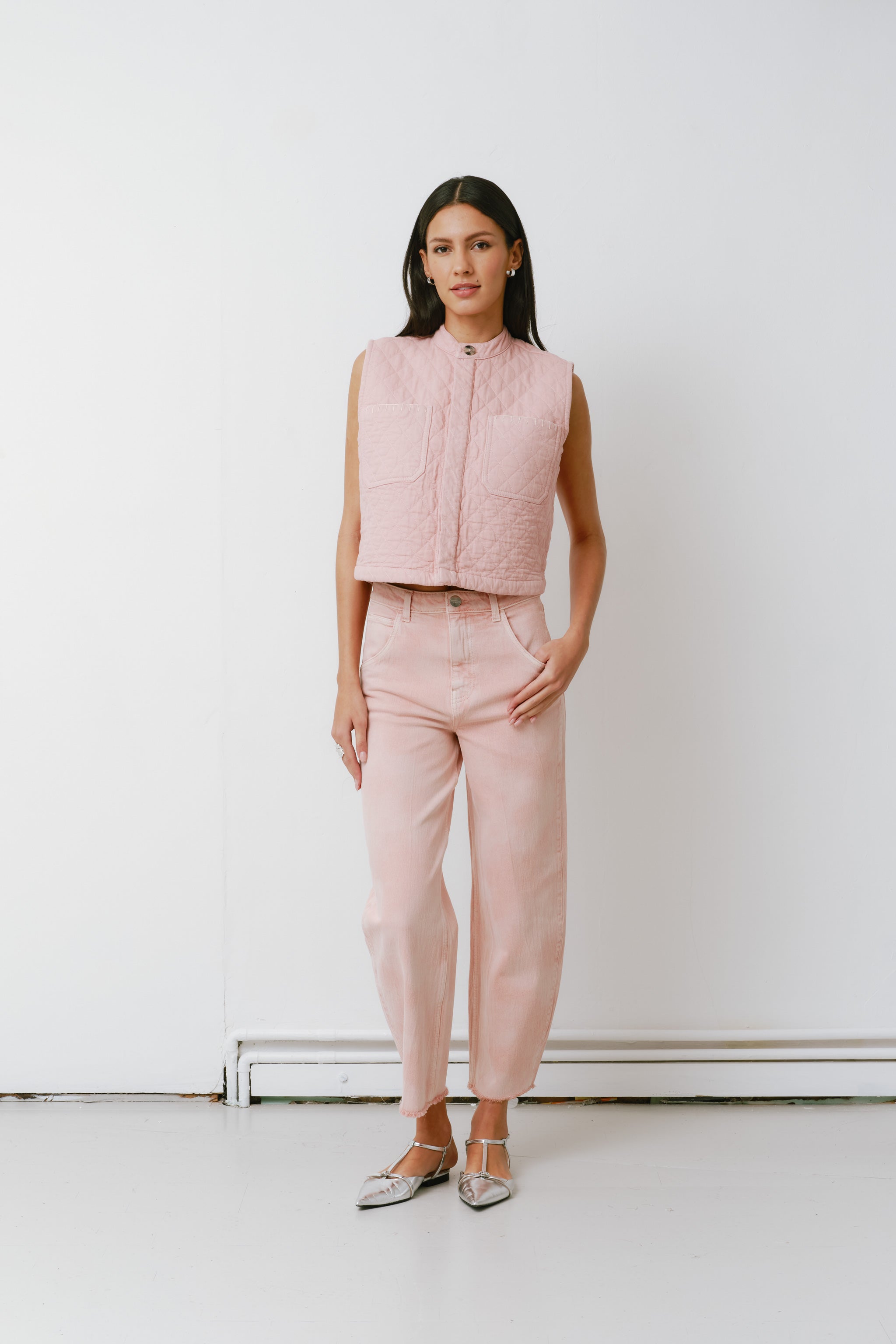 Pablo Quilted Denim Vest in Peony Pink - seventy + mochi