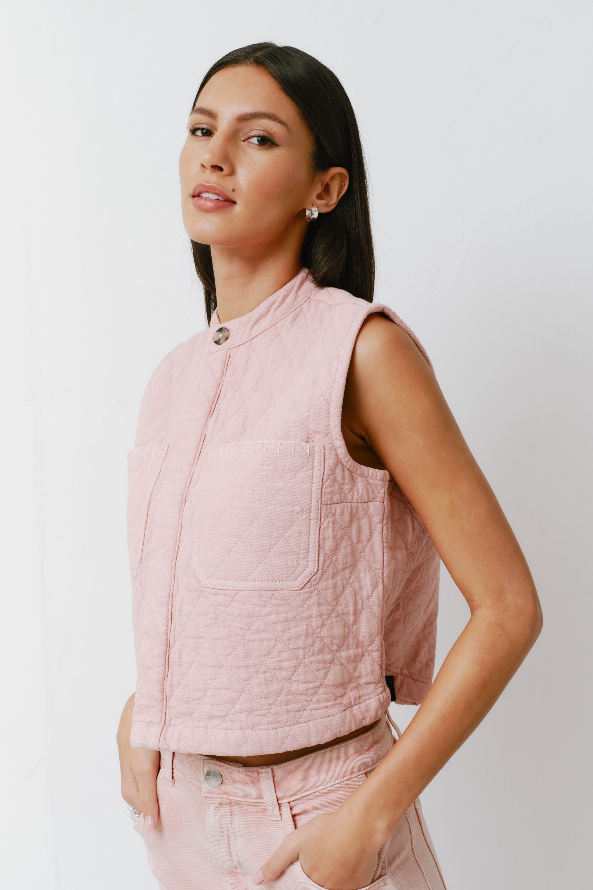Pablo Quilted Denim Vest in Peony Pink - seventy + mochi