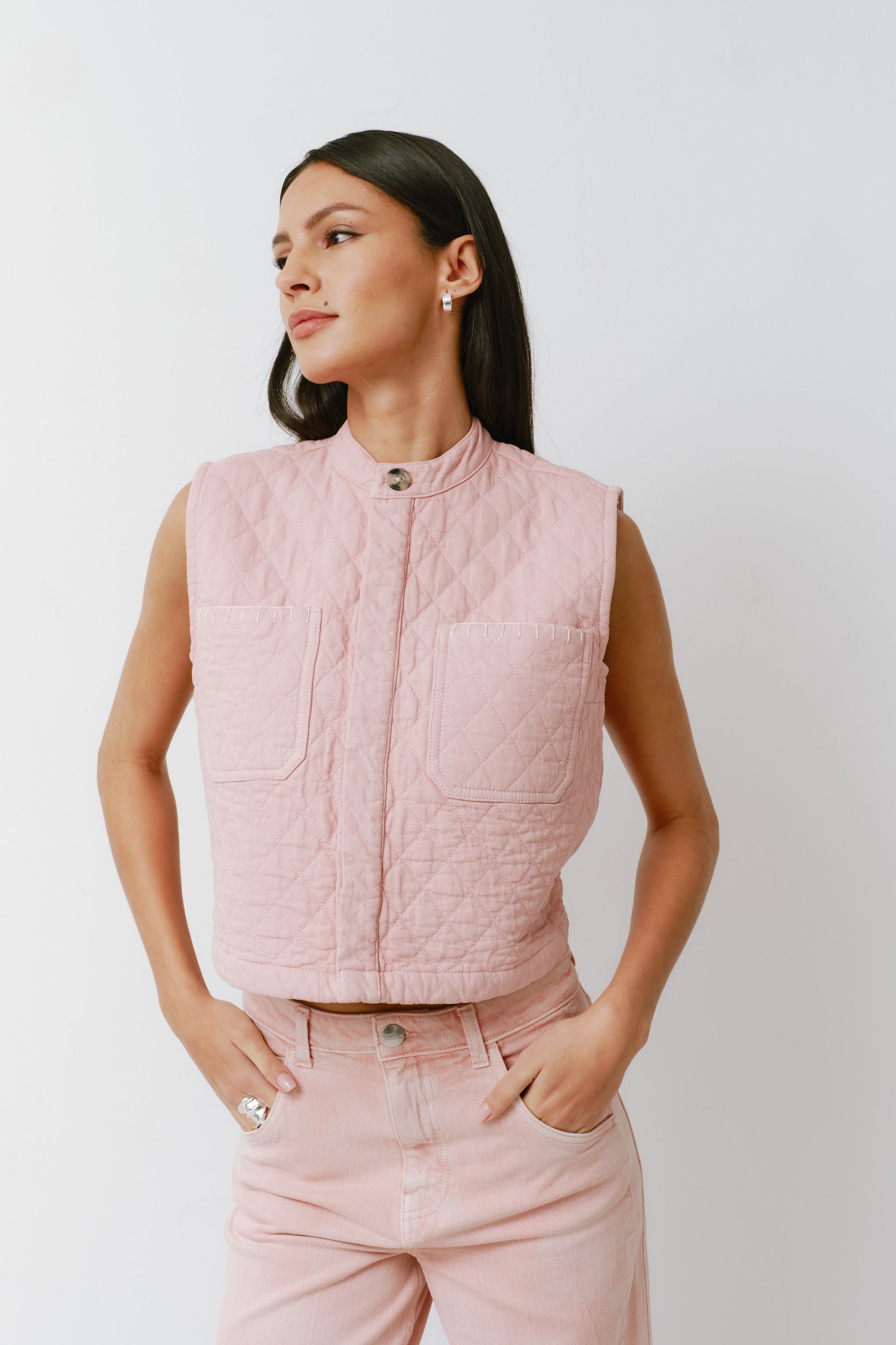 Pablo Quilted Denim Vest in Peony Pink - seventy + mochi