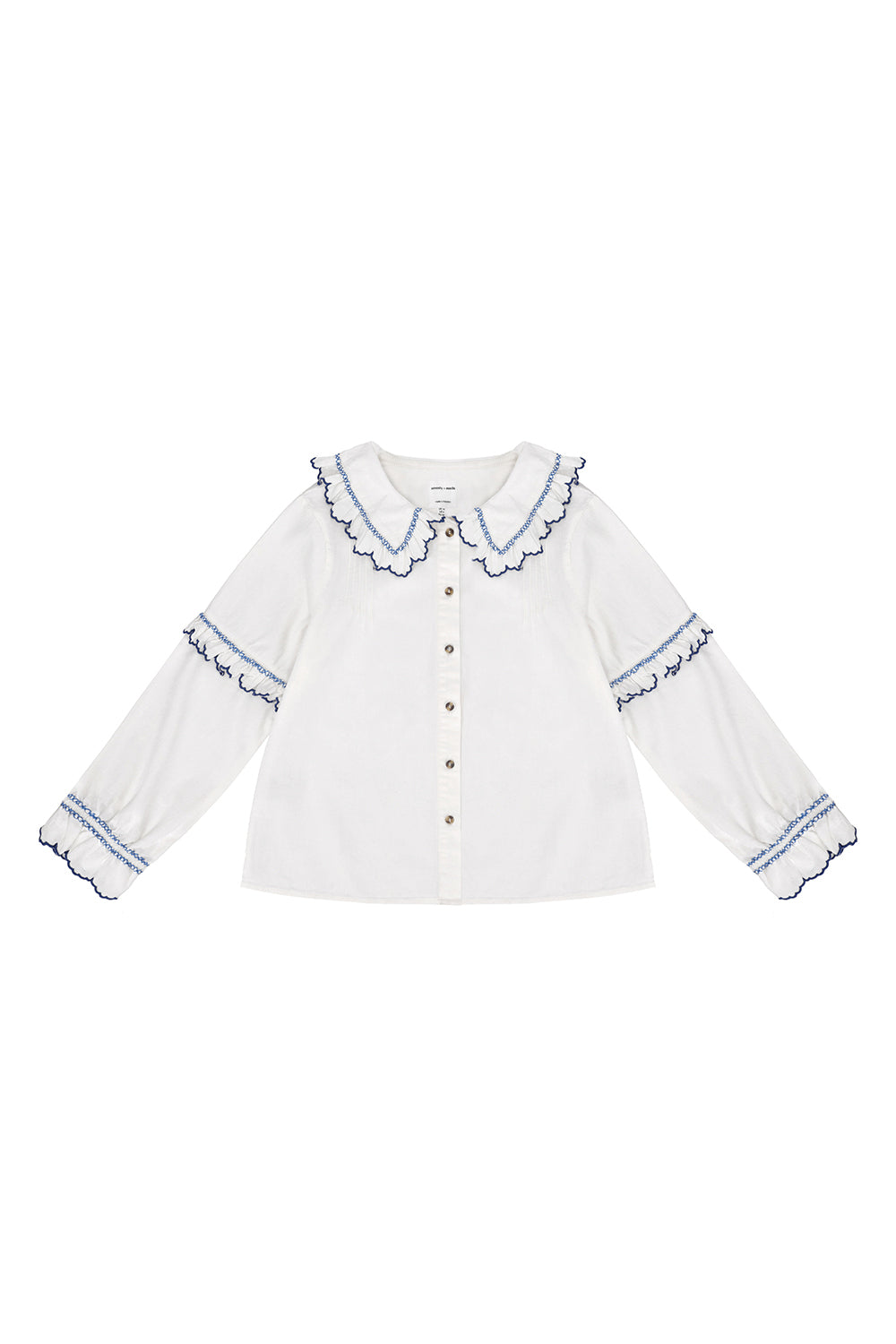 Phoebe Blouse in Ecru and Indigo Trim - seventy + mochi