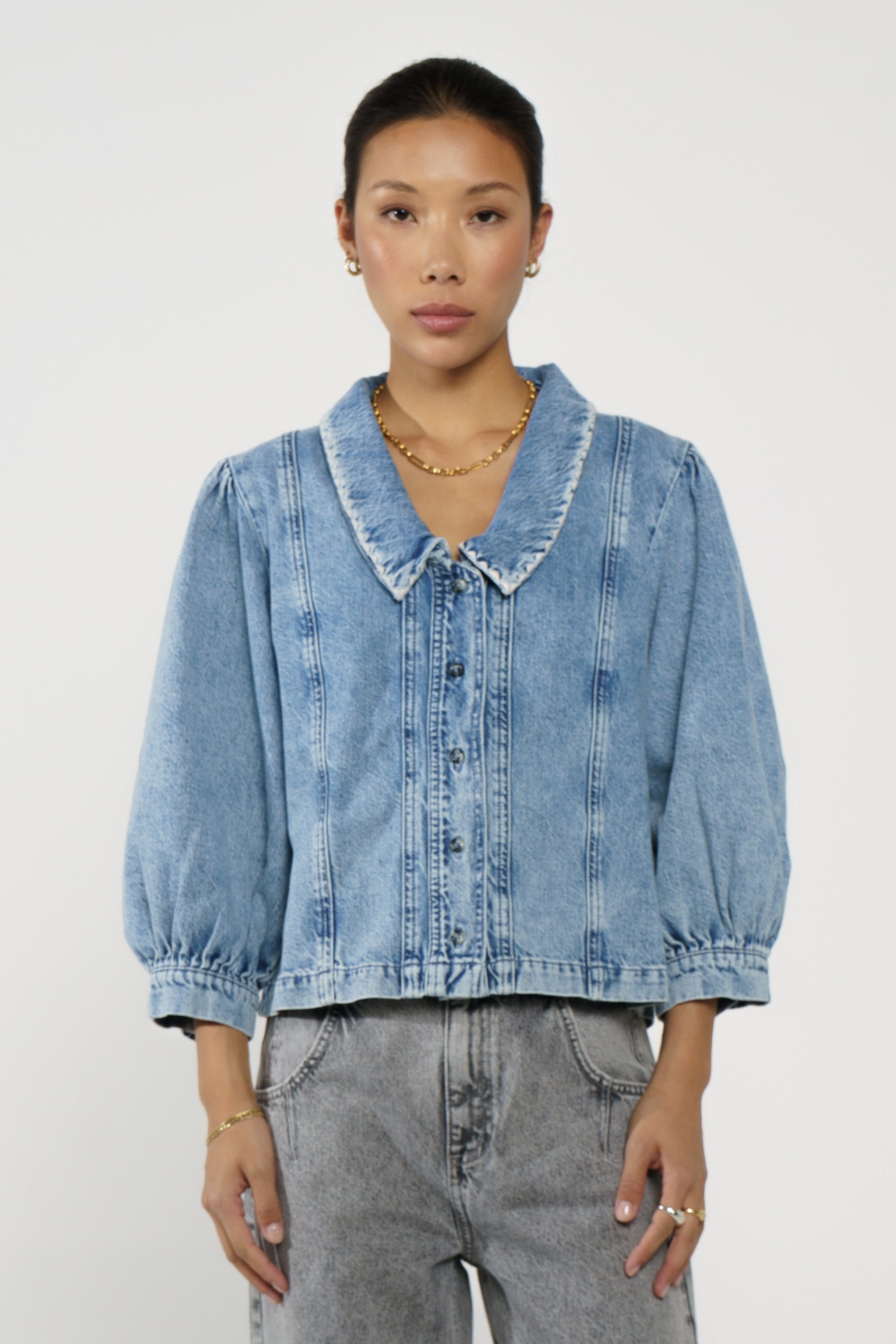 Talia Collared Denim Top in Newport - seventy + mochi