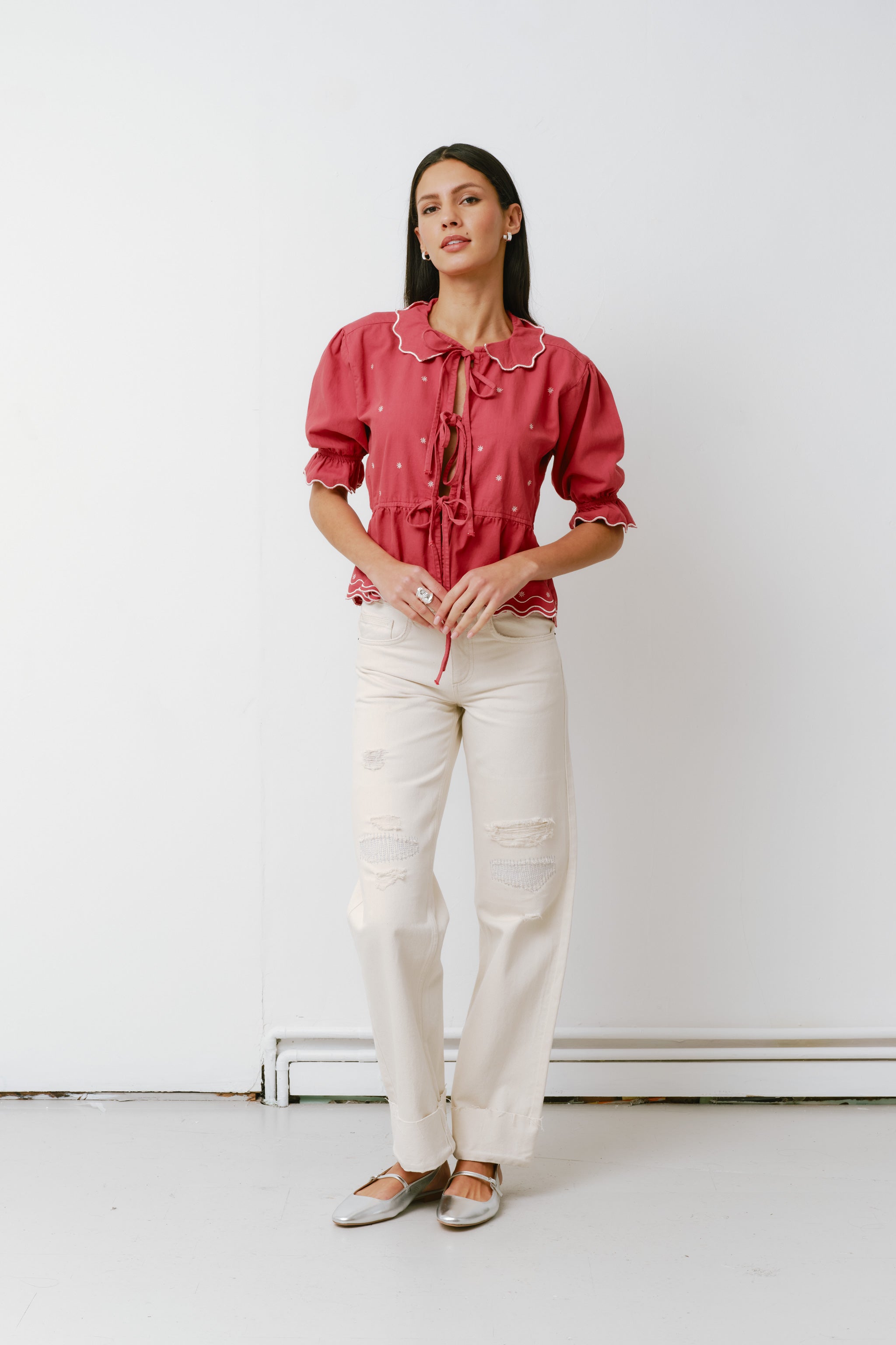 Ana Tie Blouse in Vintage Red - seventy + mochi