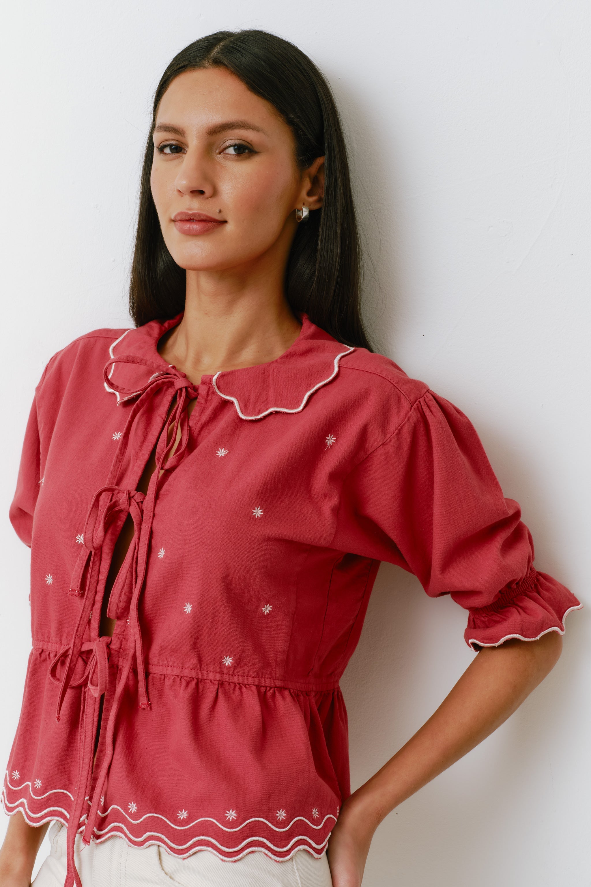 Ana Tie Blouse in Vintage Red - seventy + mochi