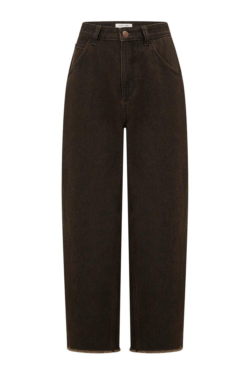 high-rise dark brown cacao-colored carpenter barrel leg jeans with a frayed hem against a white background