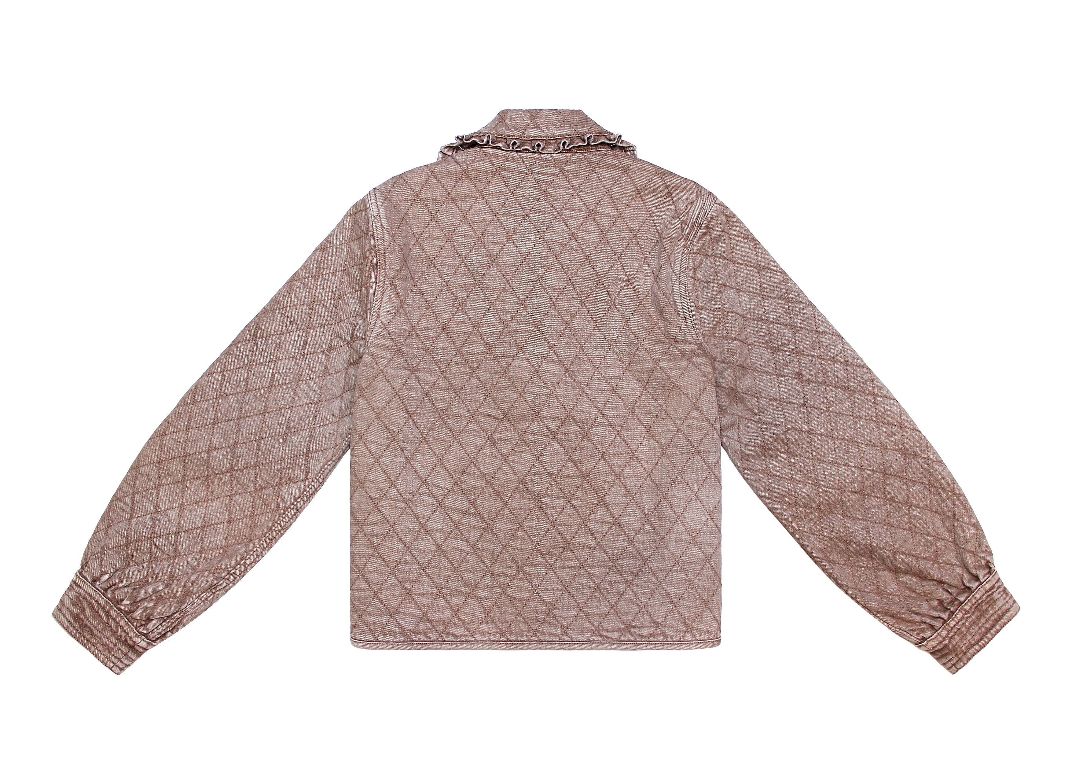 Pale brown quilted denim jacket with large pockets, a frill collar, and front tie closure on a white background