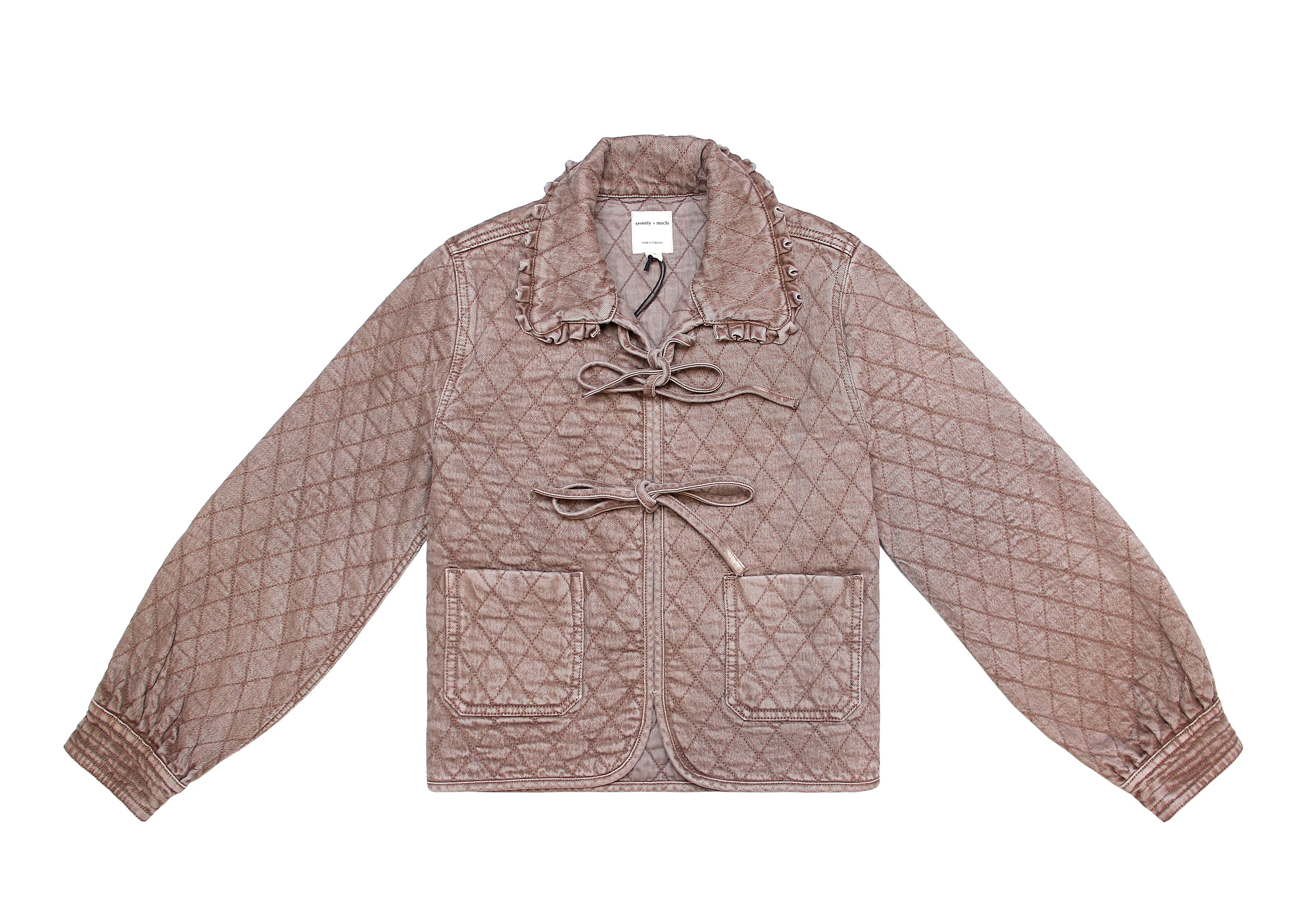 Pale brown quilted denim jacket with large pockets, a frill collar, and front tie closure on a white background