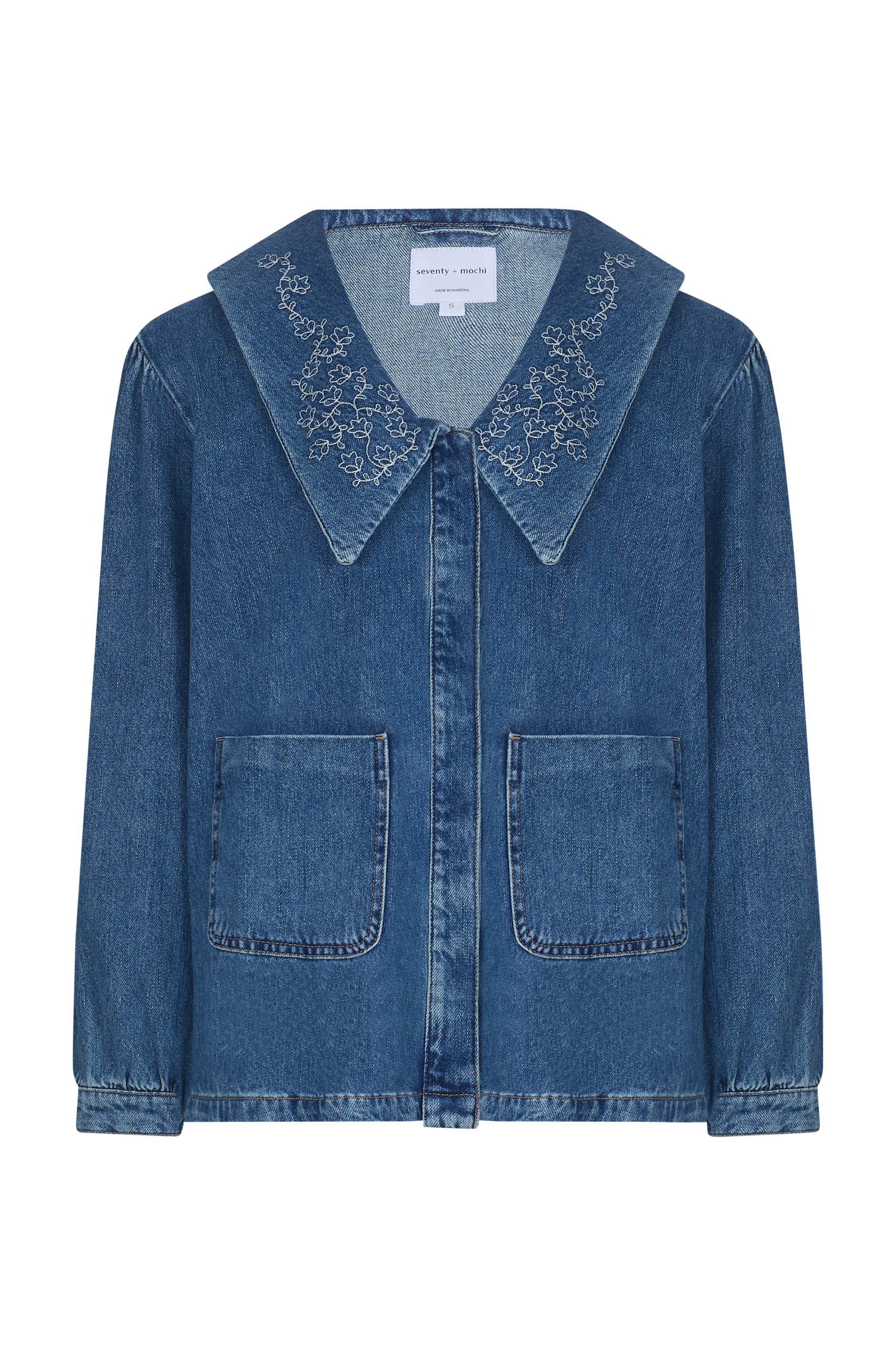 Neve Flower-Embroidered Denim Jacket in Pasadena - seventy + mochi