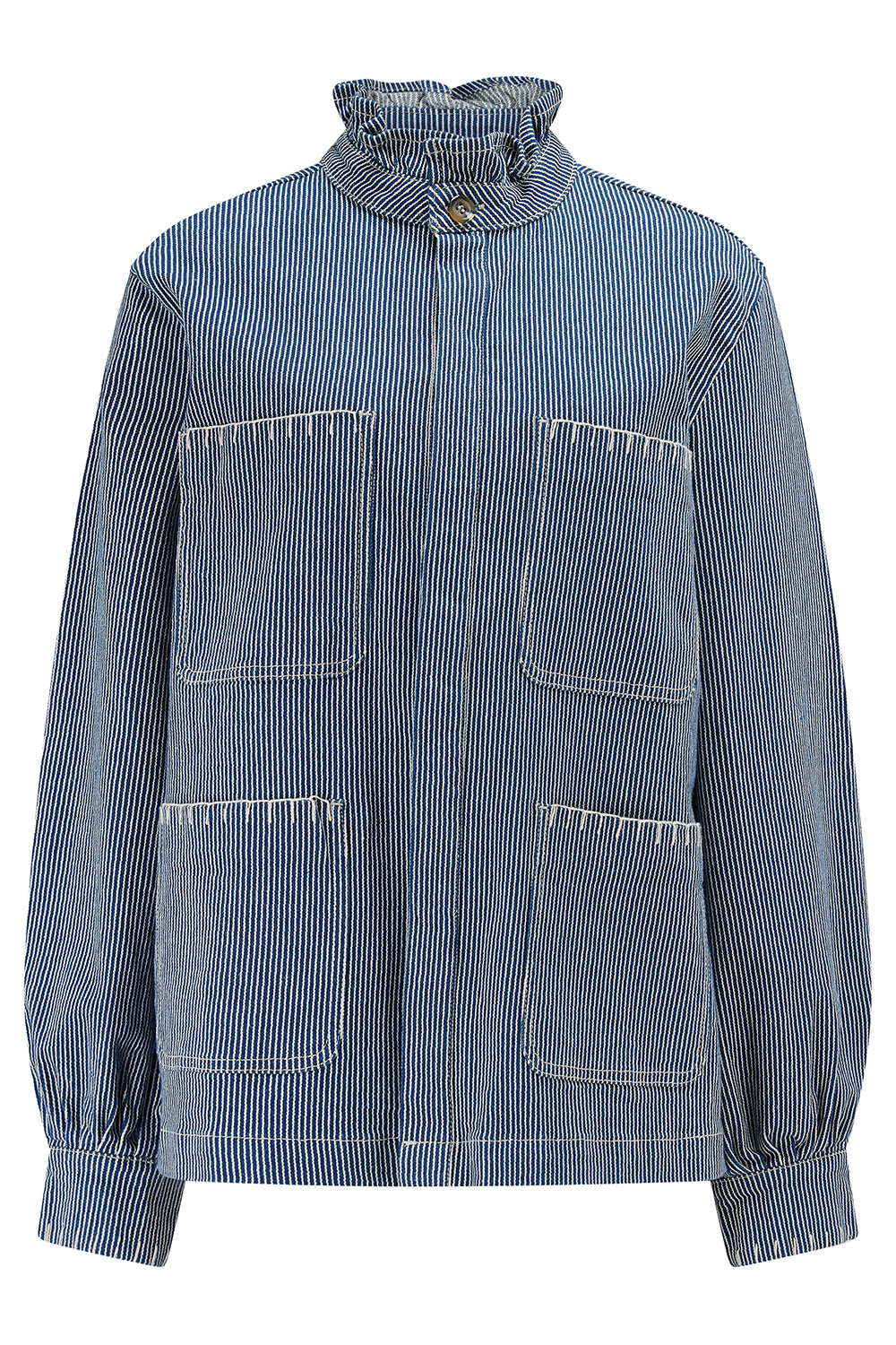 a blue and white striped jacket with a frill collar and our signature white blanket stitching on four large patch pockets against a white background