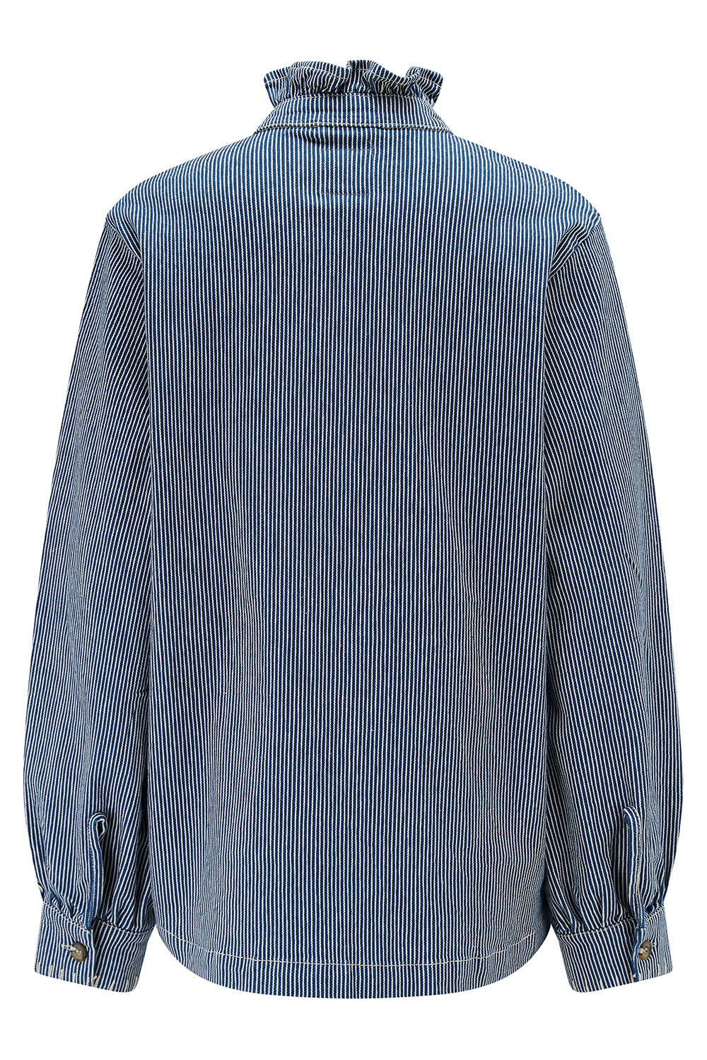 a blue and white striped jacket with a frill collar and our signature white blanket stitching on four large patch pockets against a white background