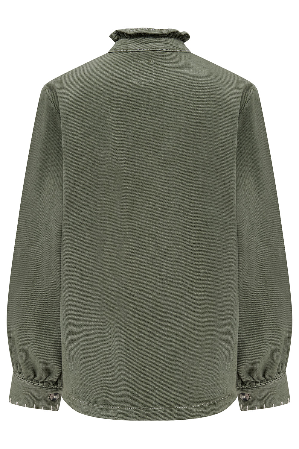 a long-sleeved khaki jacket with a frill collar and signature white stitching on four large patch pockets standing against a white background.