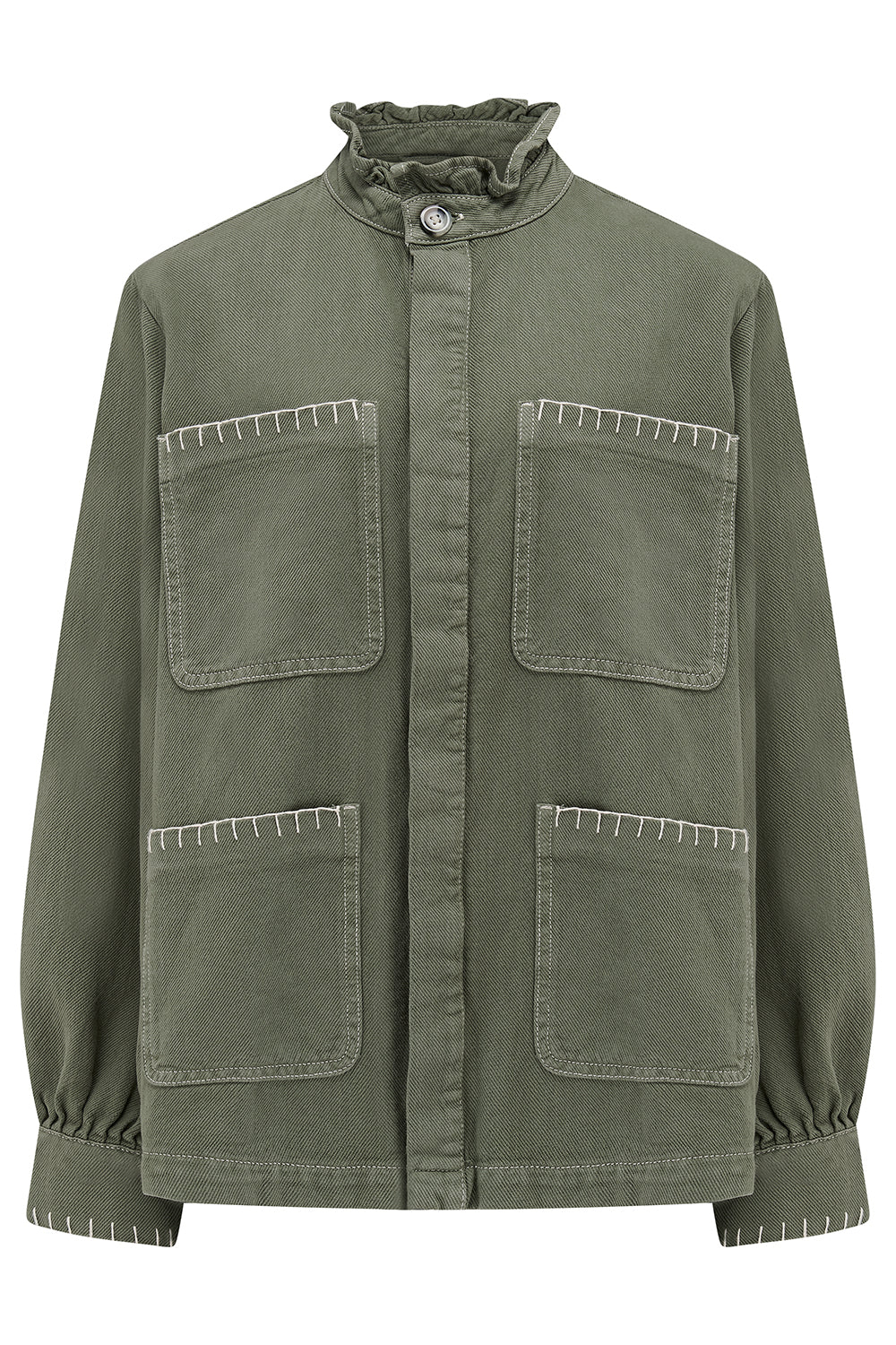 a long-sleeved khaki jacket with a frill collar and signature white stitching on four large patch pockets standing against a white background.