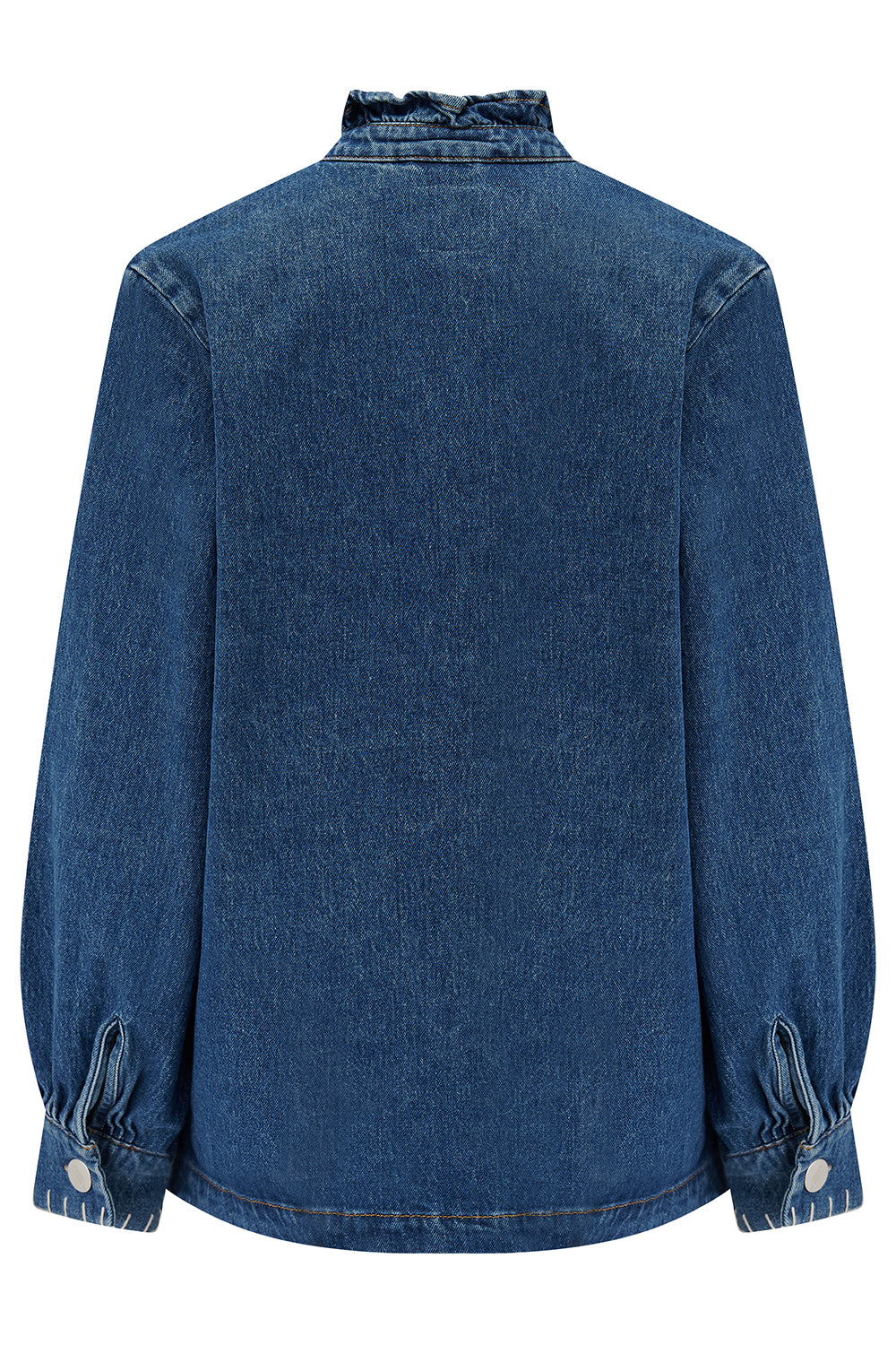 a blue denim jacket with a frill collar, white stitch detailing, button-up front, and four large pockets