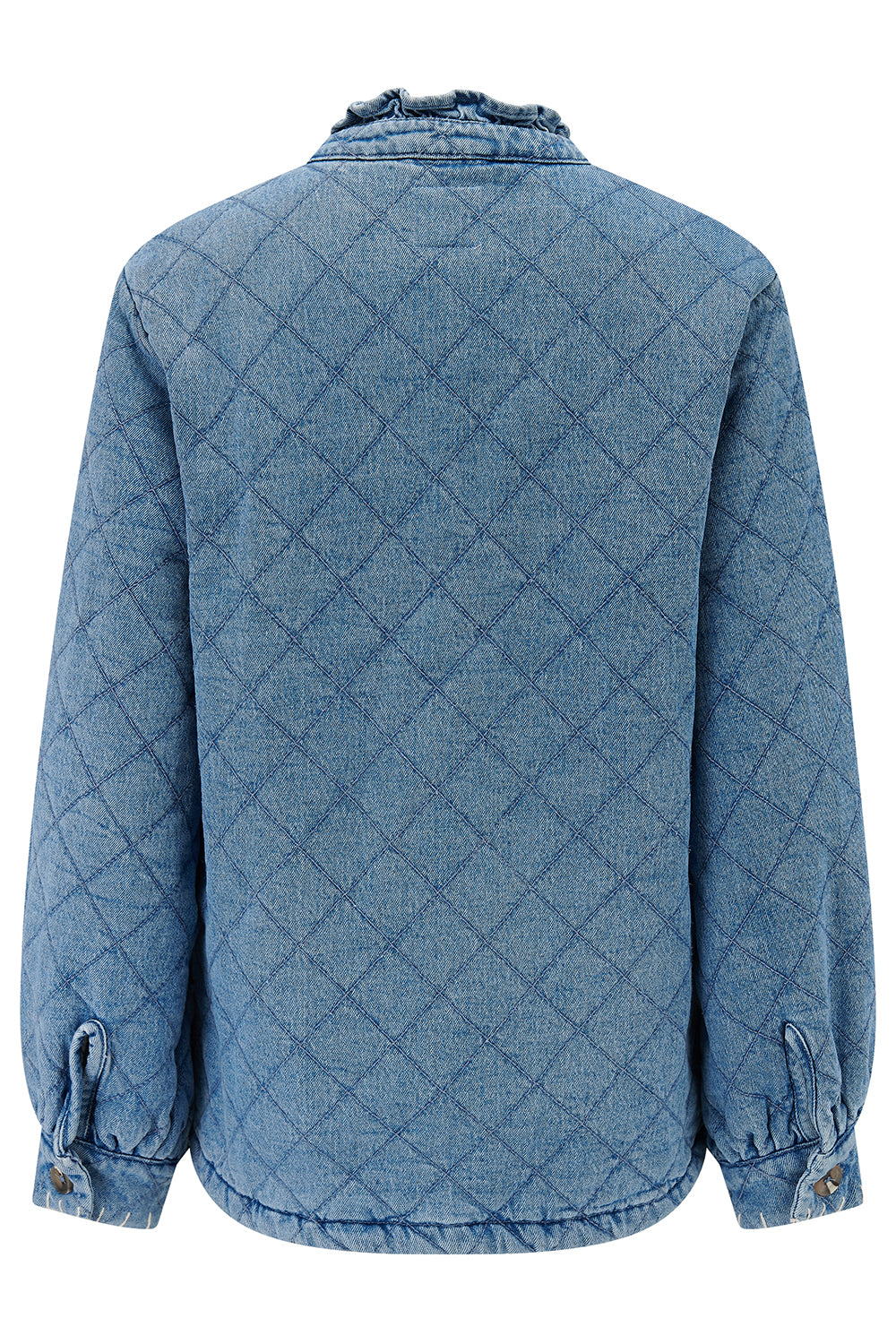 Back of a quilted denim jacket with patch pockets on a white background.