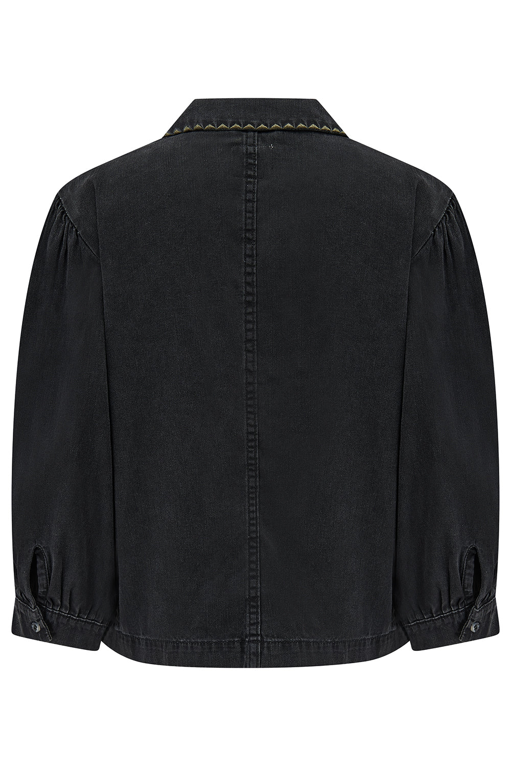 Back of a black denim shirt on a white background