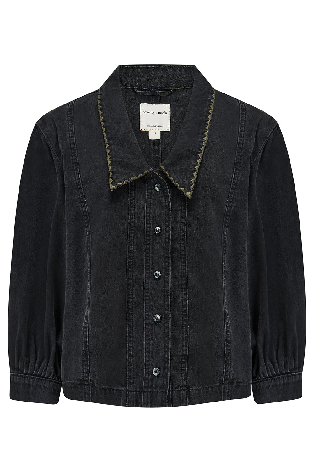 Black denim shirt with a collar on a white background