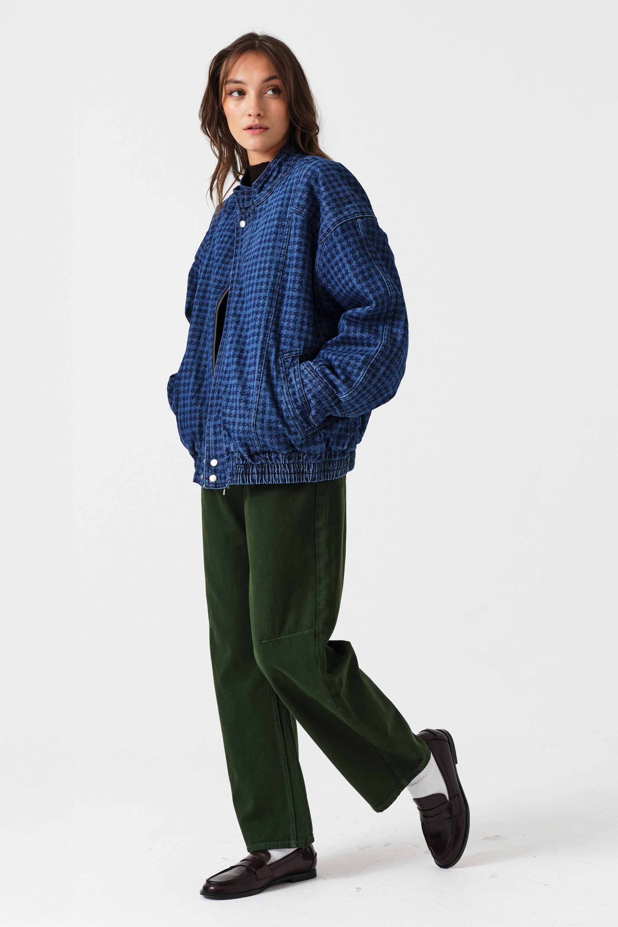 Juno Oversized Bomber Jacket in Houndstooth Americana