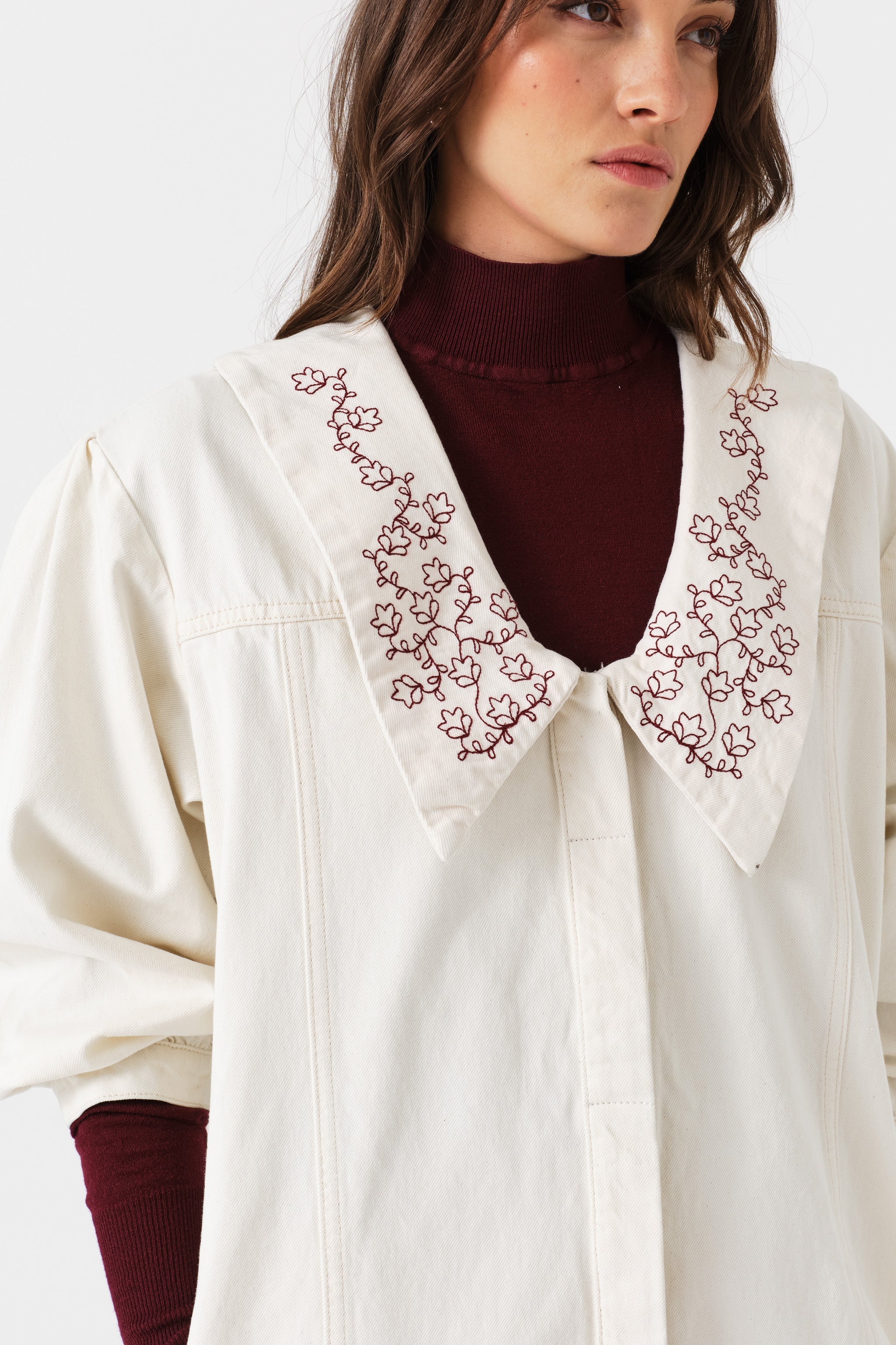 Neve Flower-Embroidered Denim Mini Dress in Ecru