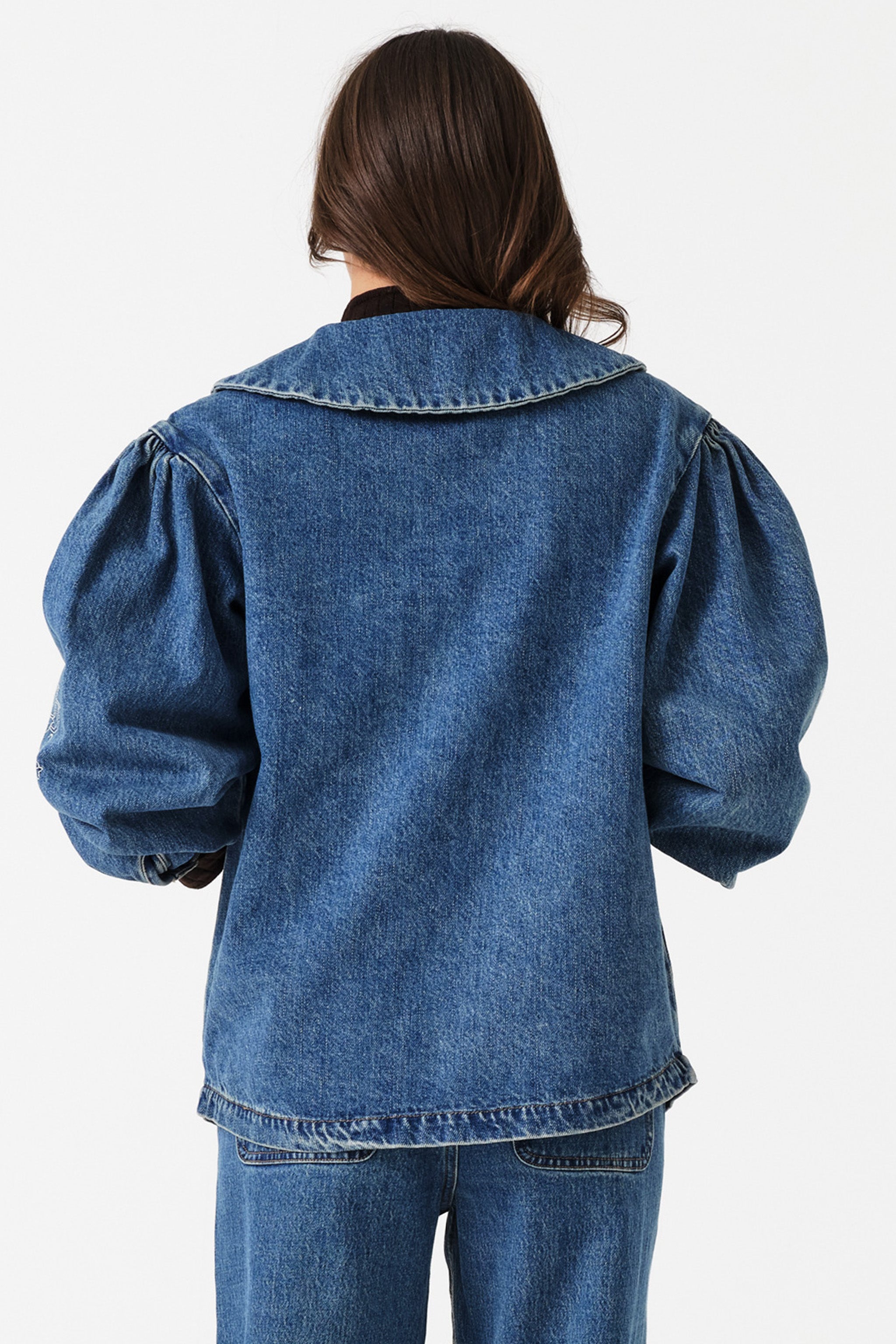 Neve Flower-Embroidered Denim Jacket in Pasadena - seventy + mochi