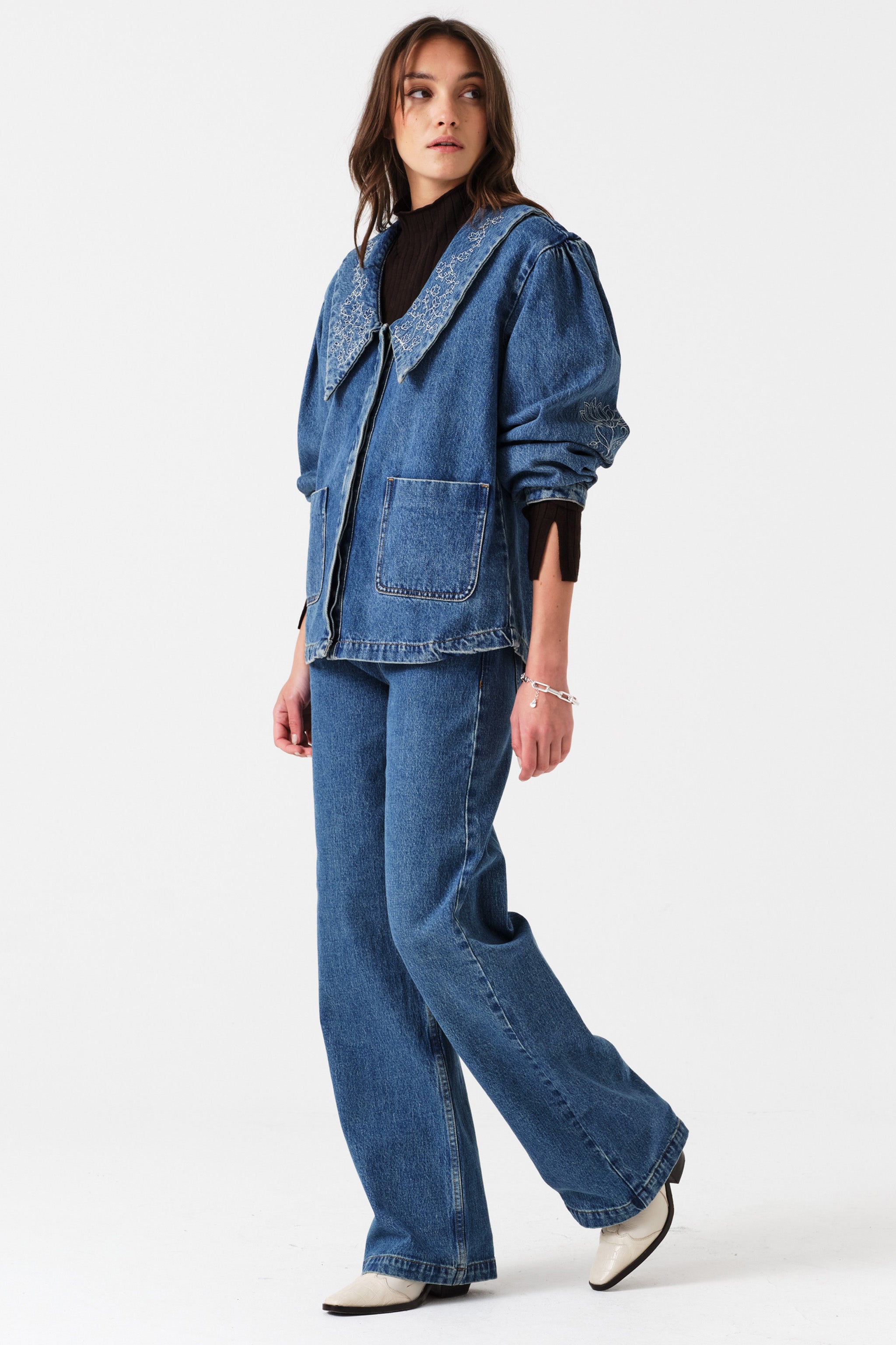 Neve Flower-Embroidered Denim Jacket in Pasadena - seventy + mochi
