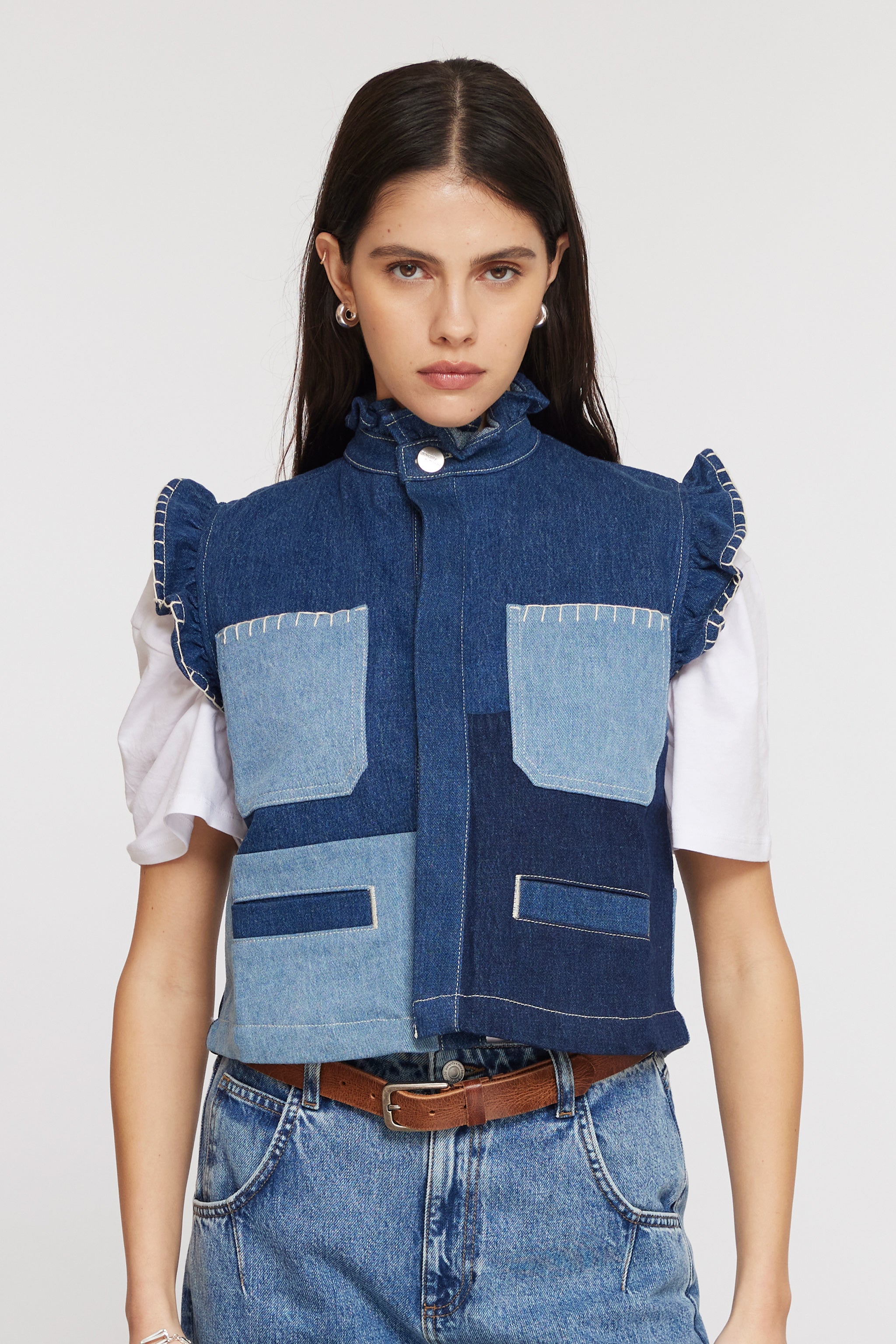 Pablo Vest in Patched Denim - seventy + mochi