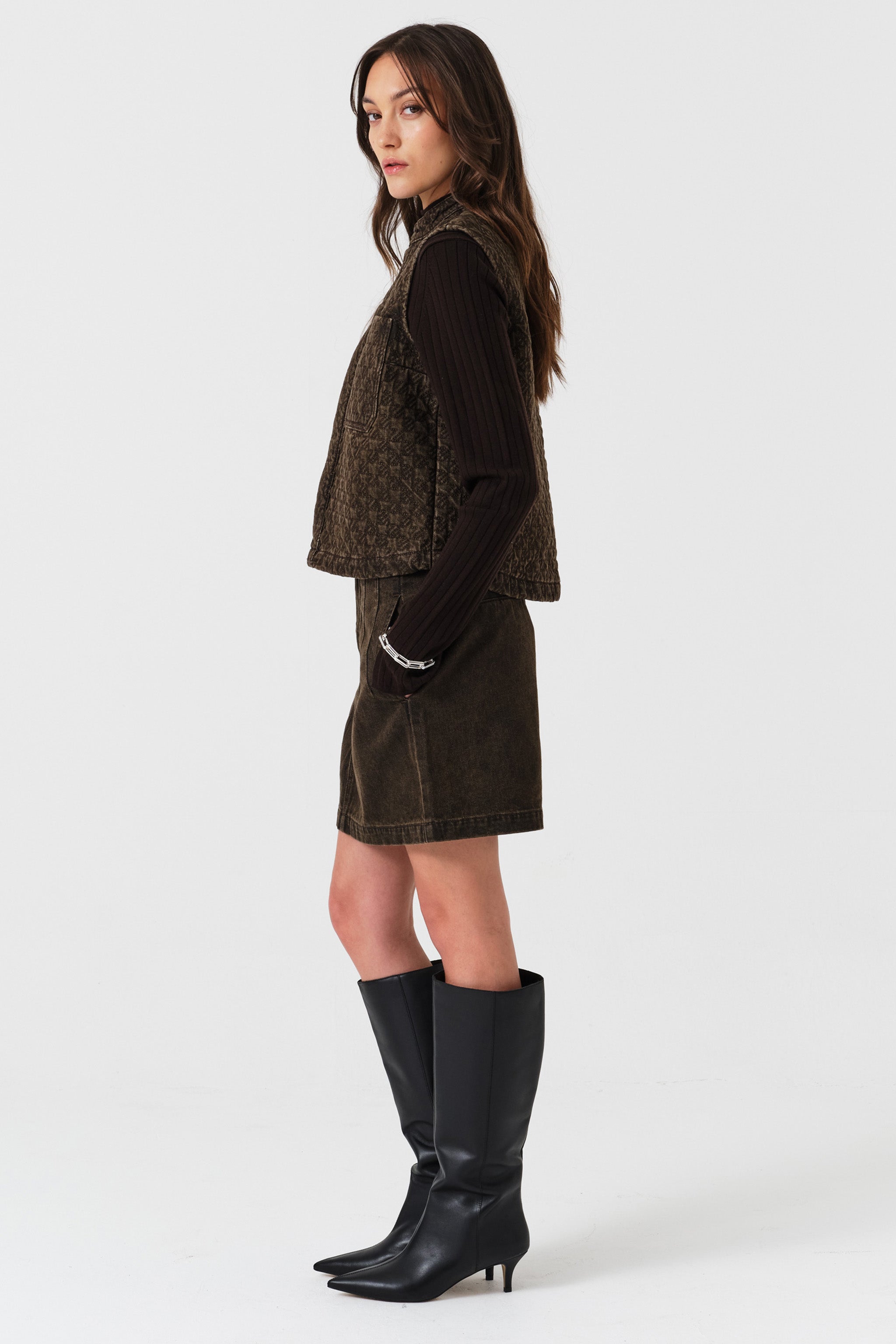 Pablo Quilted Denim Vest in Houndstooth Cacao