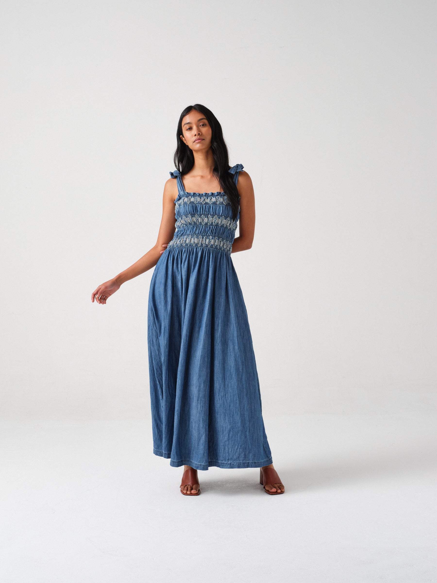 Sally Tie Bandeau Dress in Washed Indigo - seventy + mochi