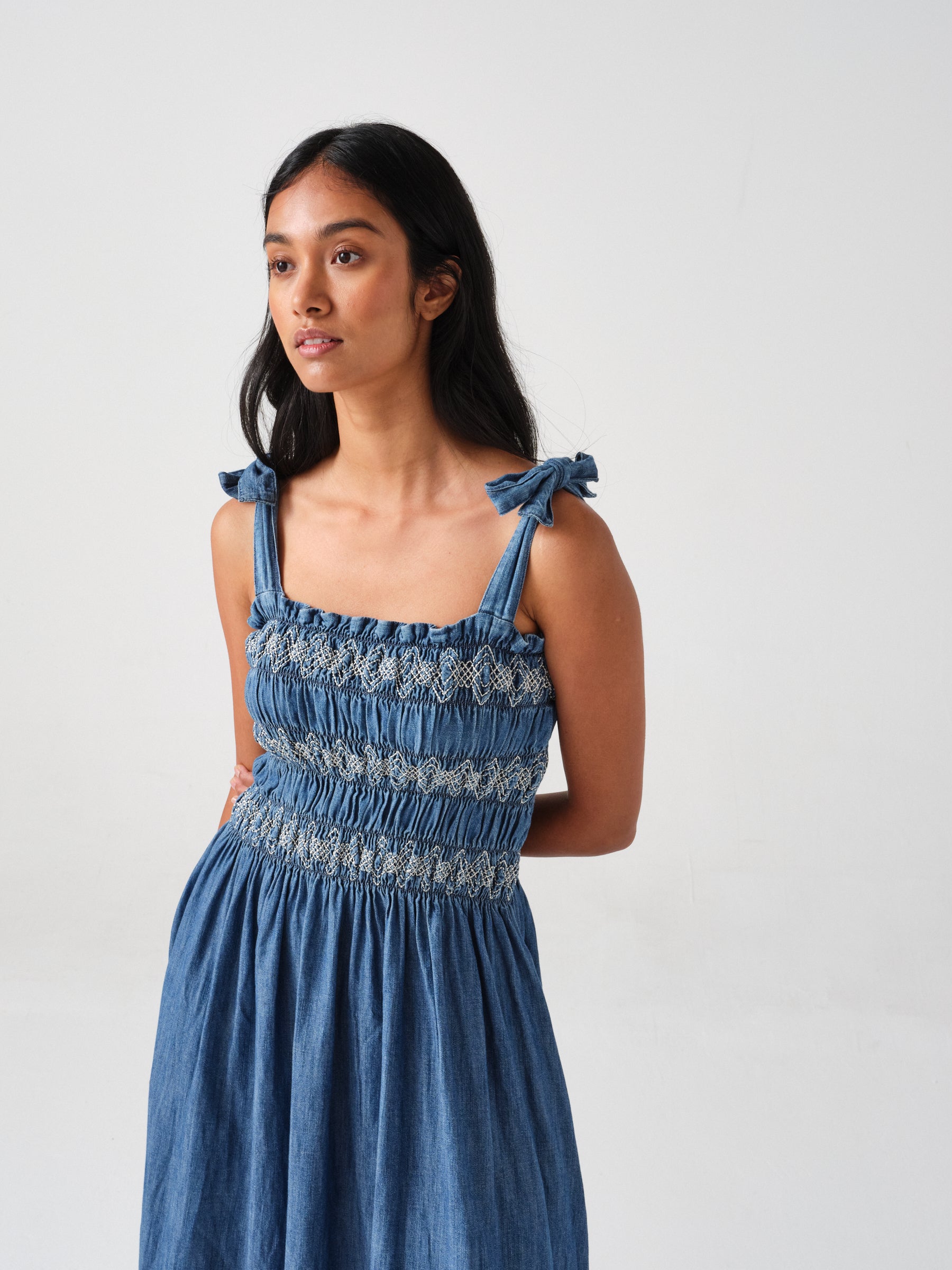 Sally Tie Bandeau Dress in Washed Indigo - seventy + mochi
