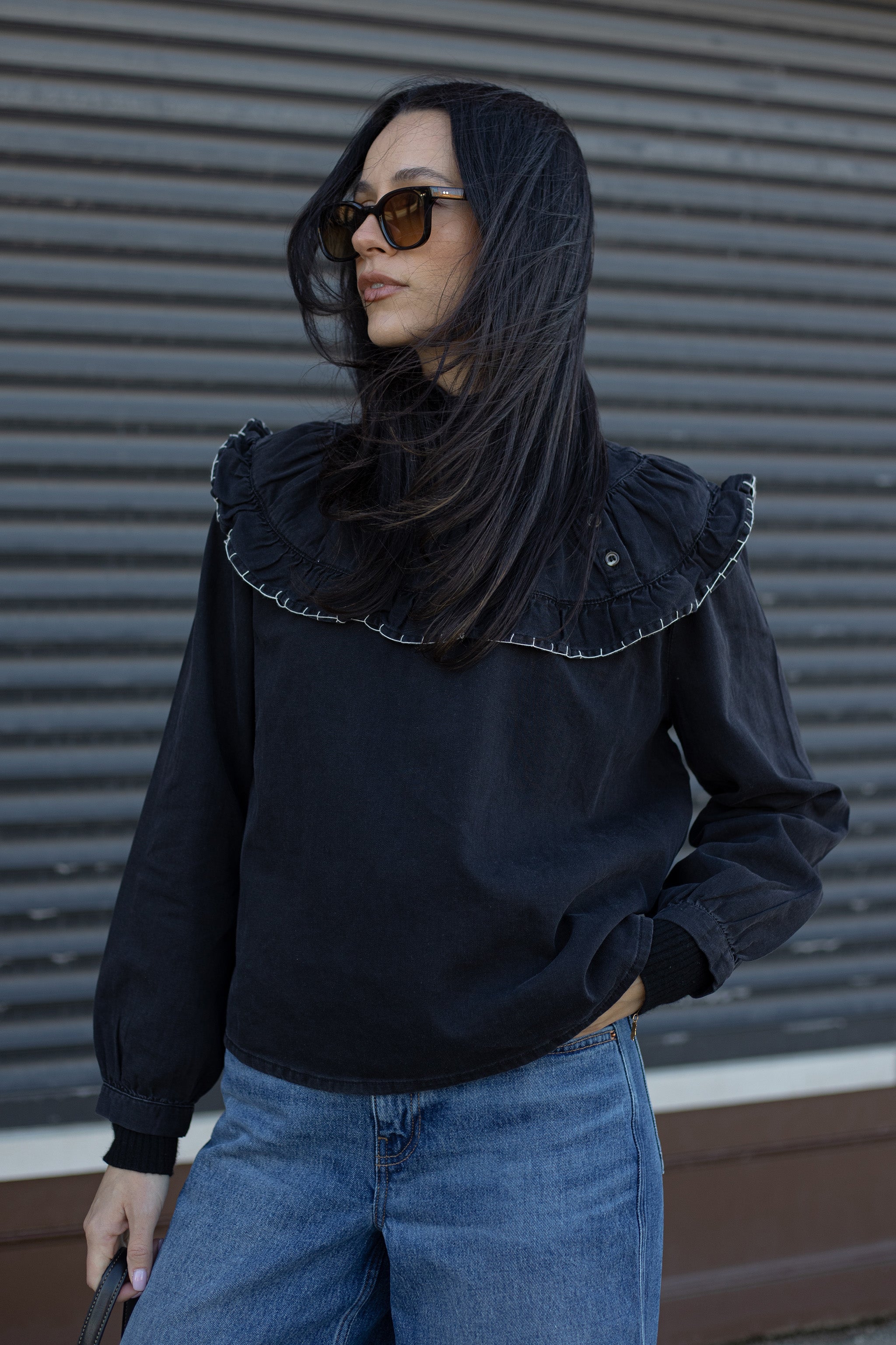 Victoria Blouse in Black Denim - seventy + mochi