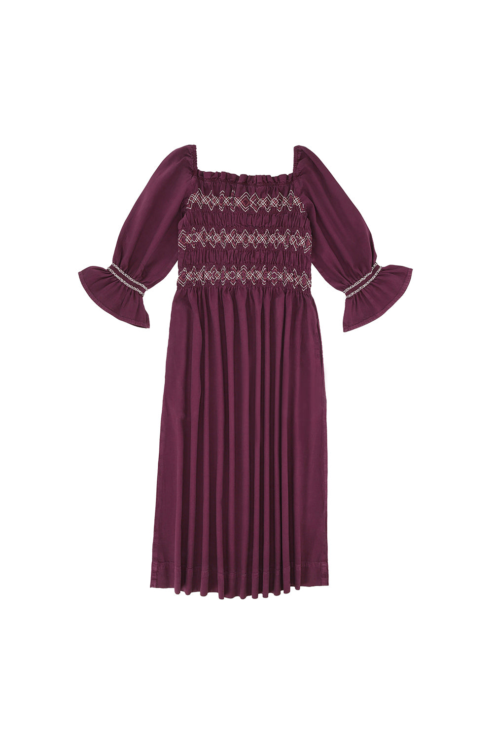 3/4 Sleeve Square Neck Sally Dress in Claret Denim - seventy + mochi