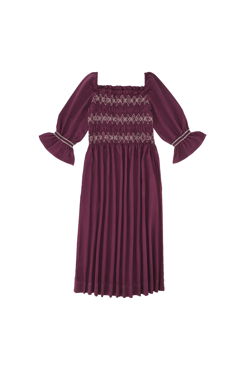 3/4 Sleeve Square Neck Sally Dress in Claret Denim - seventy + mochi