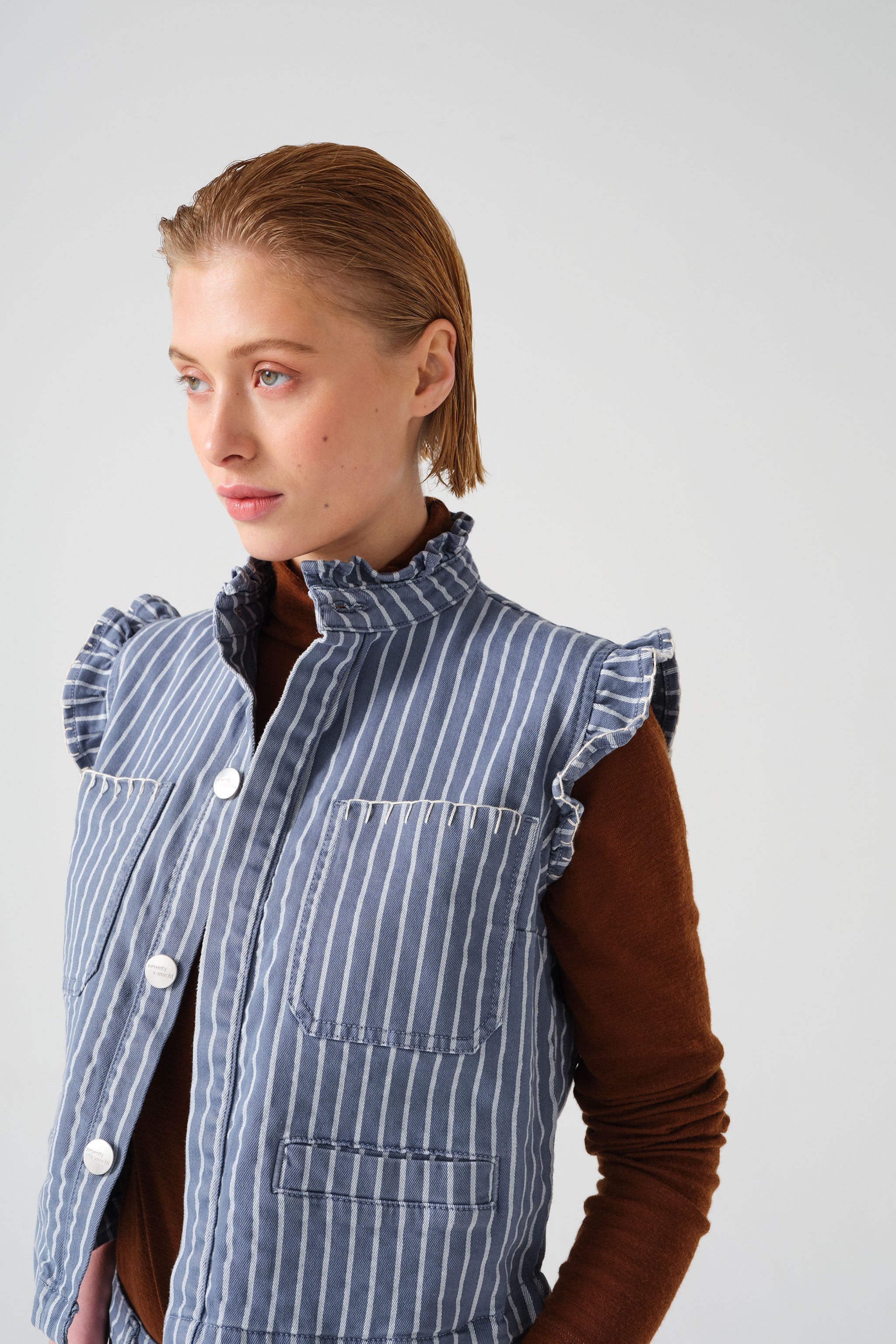 Pablo Waistcoat in Washed Denim Wide Stripe - seventy + mochi