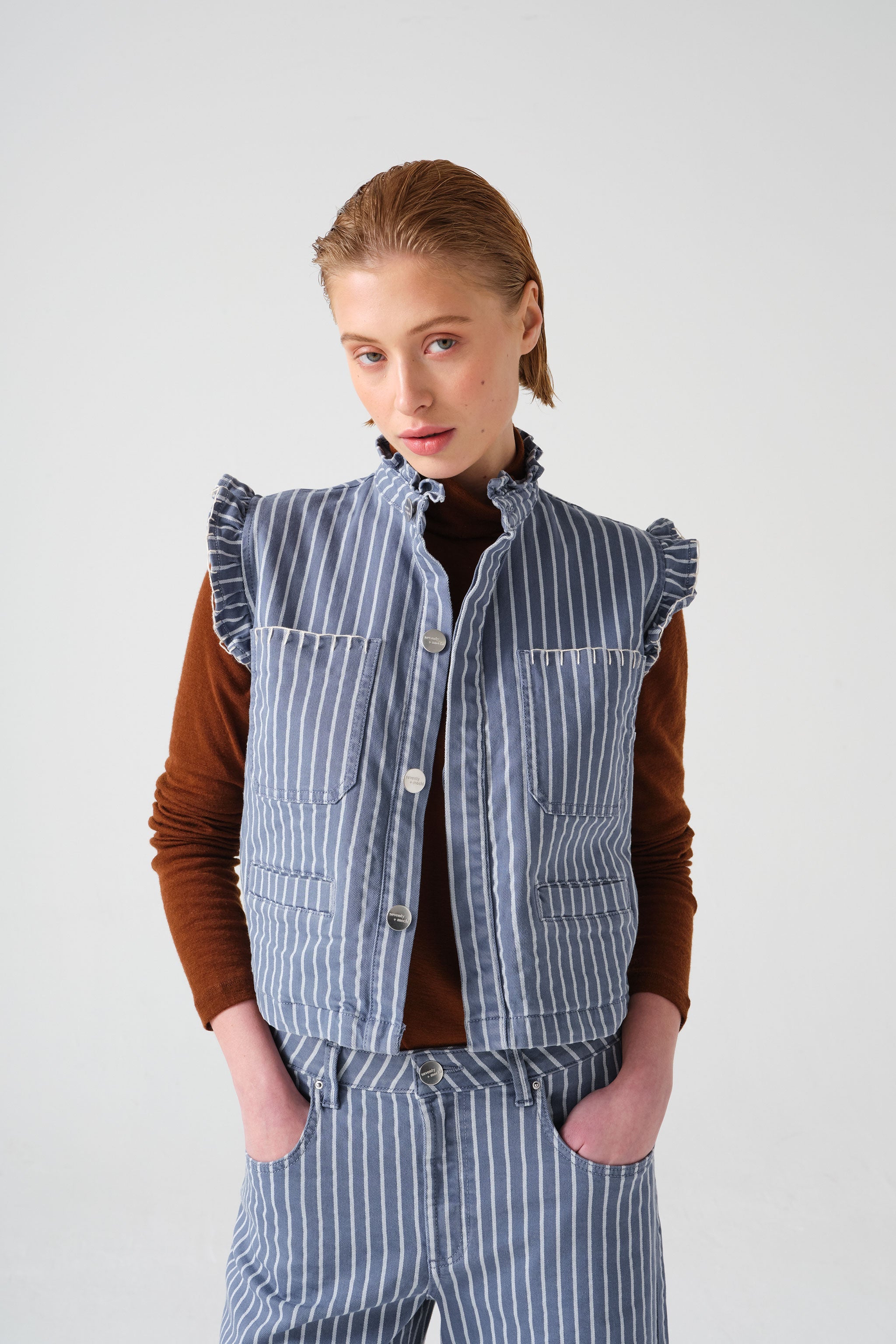 Pablo Waistcoat in Washed Denim Wide Stripe - seventy + mochi