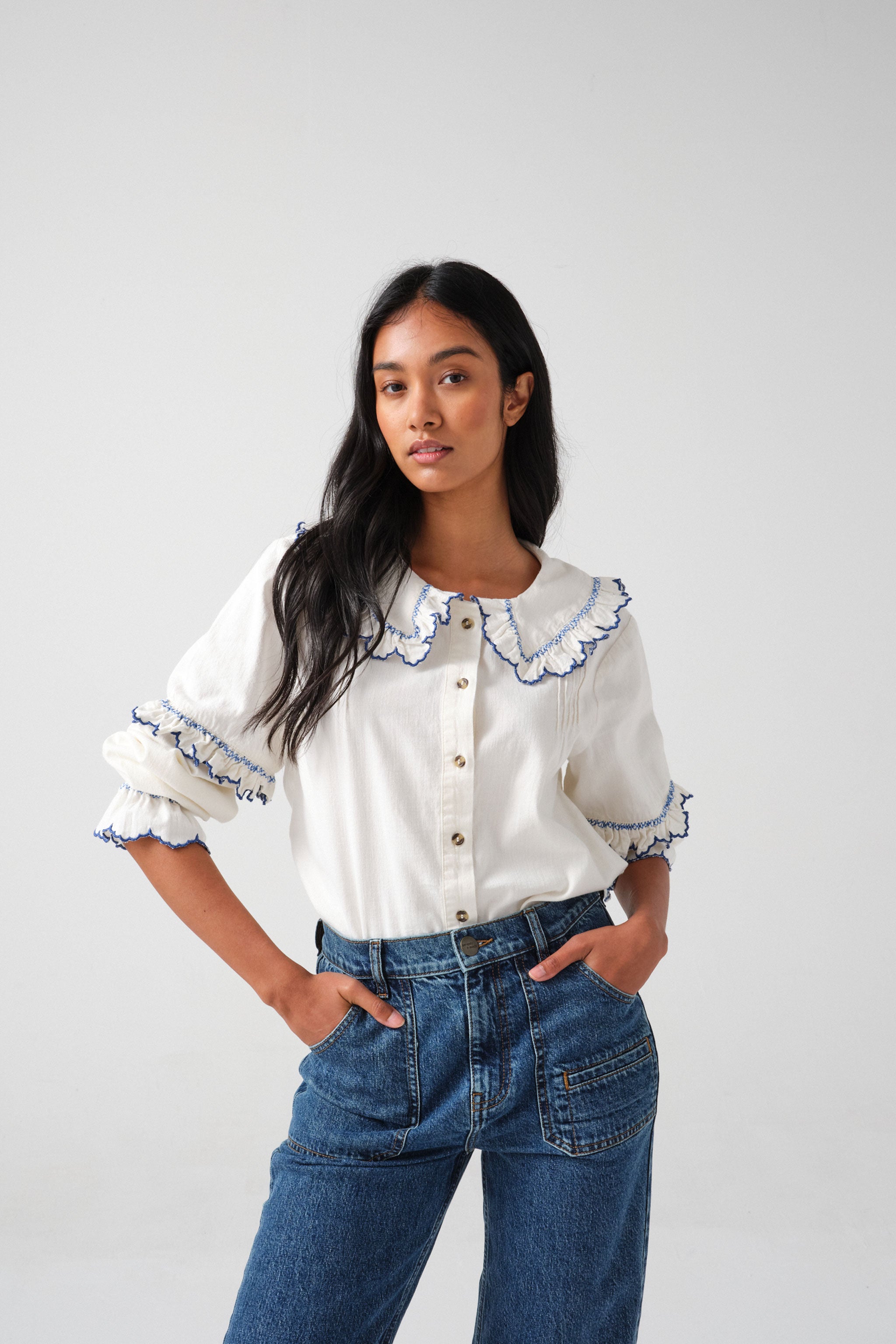 Phoebe Blouse in Ecru and Indigo Trim - seventy + mochi