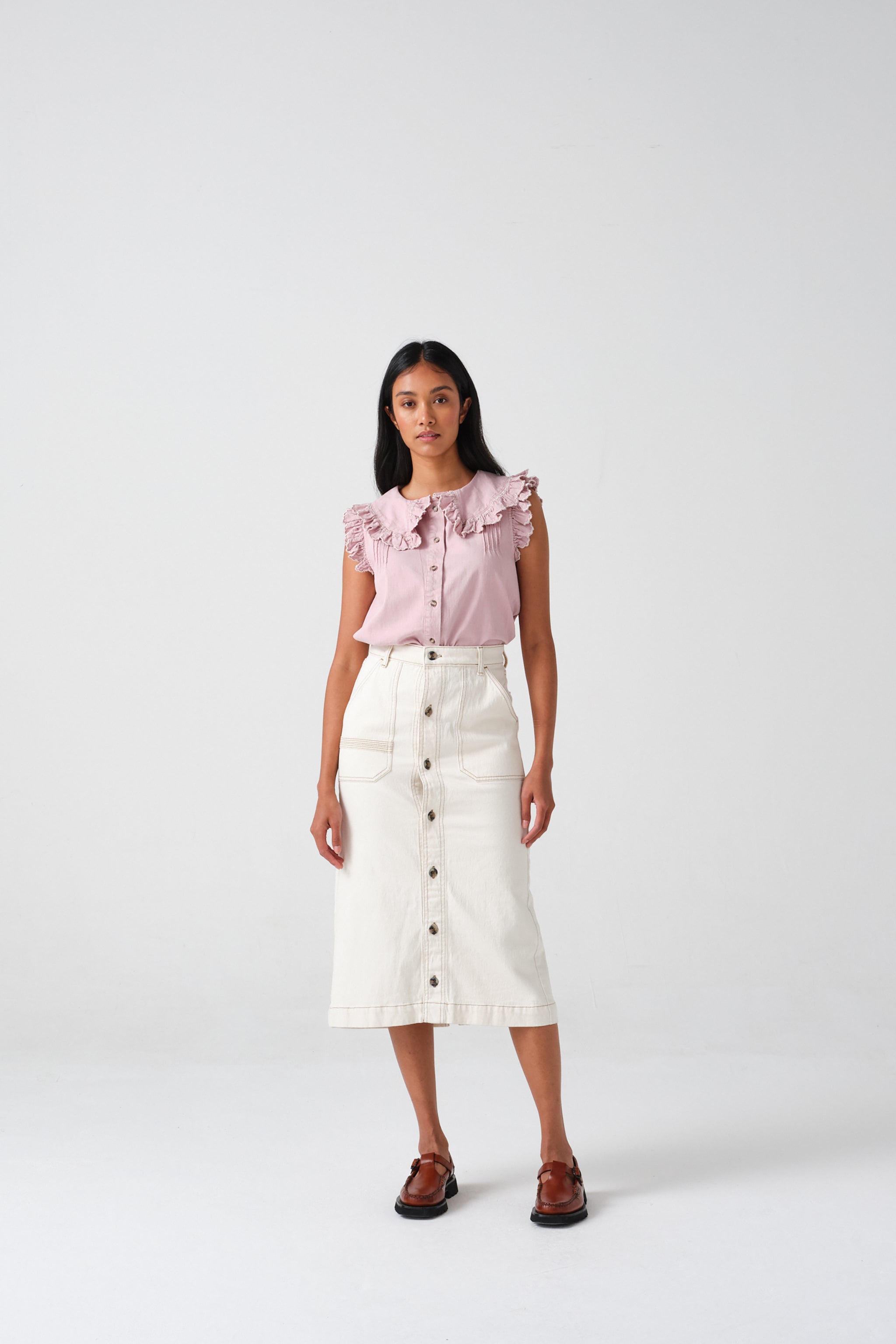 Elodie Midi Skirt in Ecru Denim - seventy + mochi