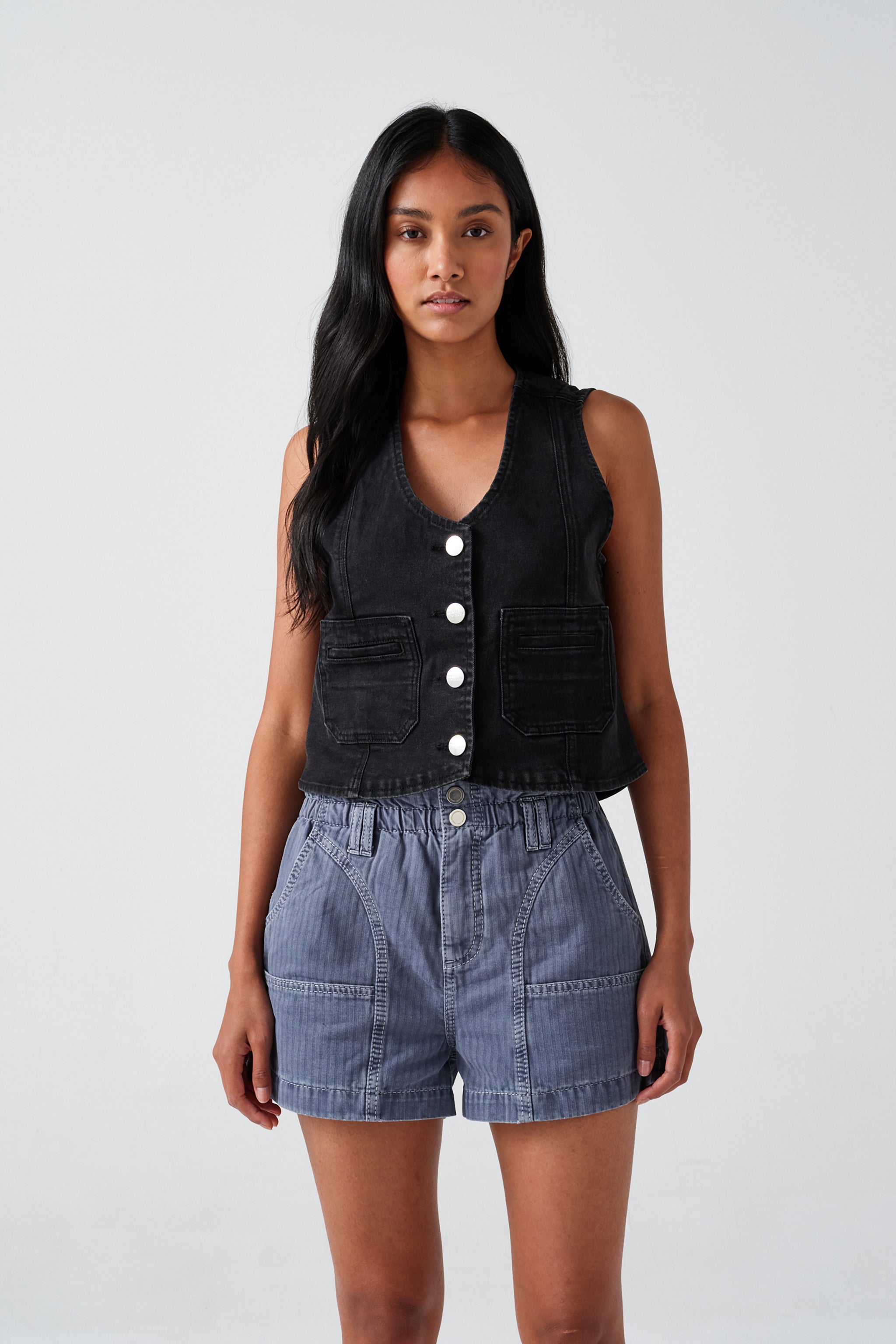 Bea Waistcoat in Black Denim - seventy + mochi