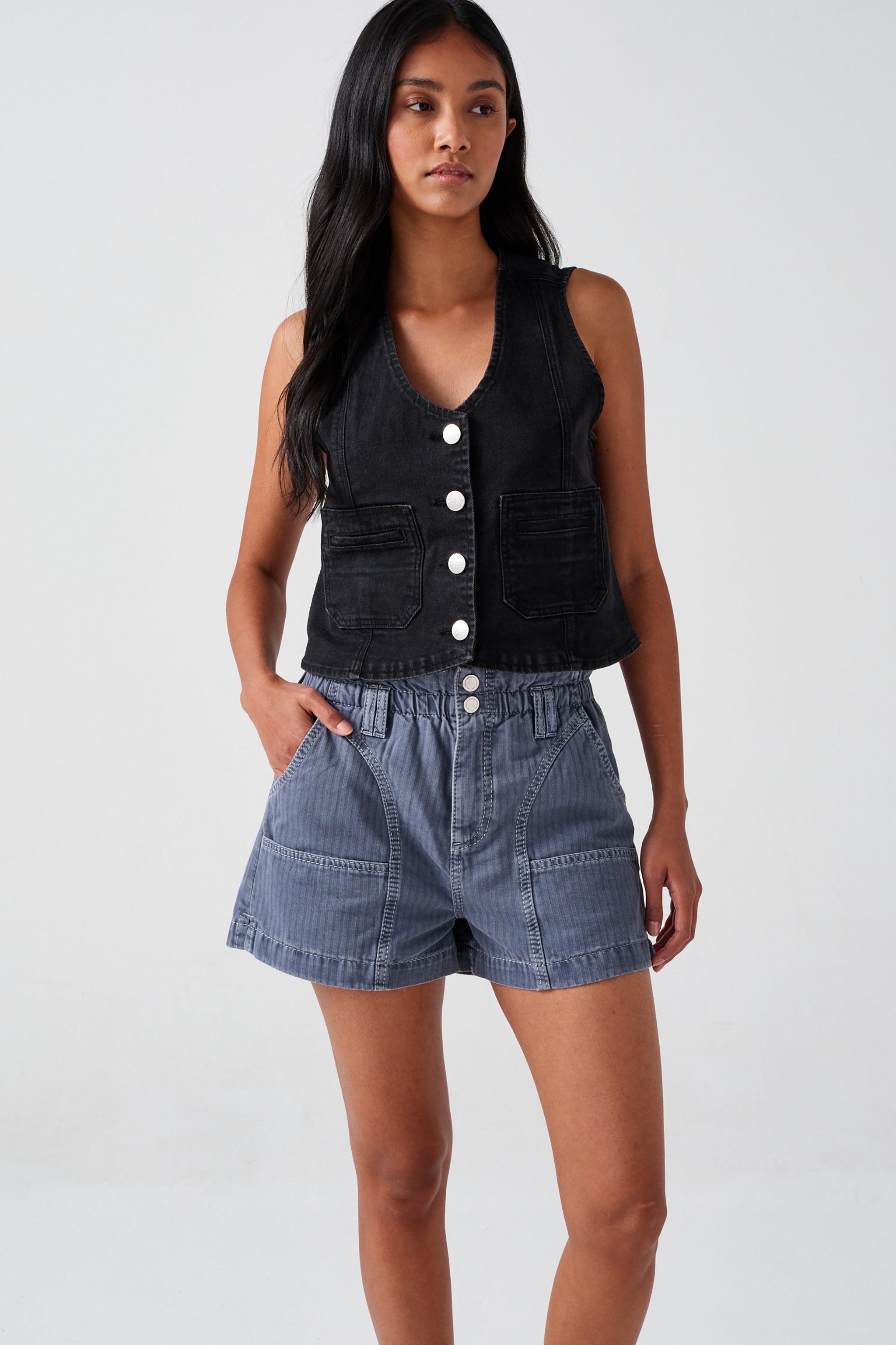 Bea Waistcoat in Black Denim - seventy + mochi