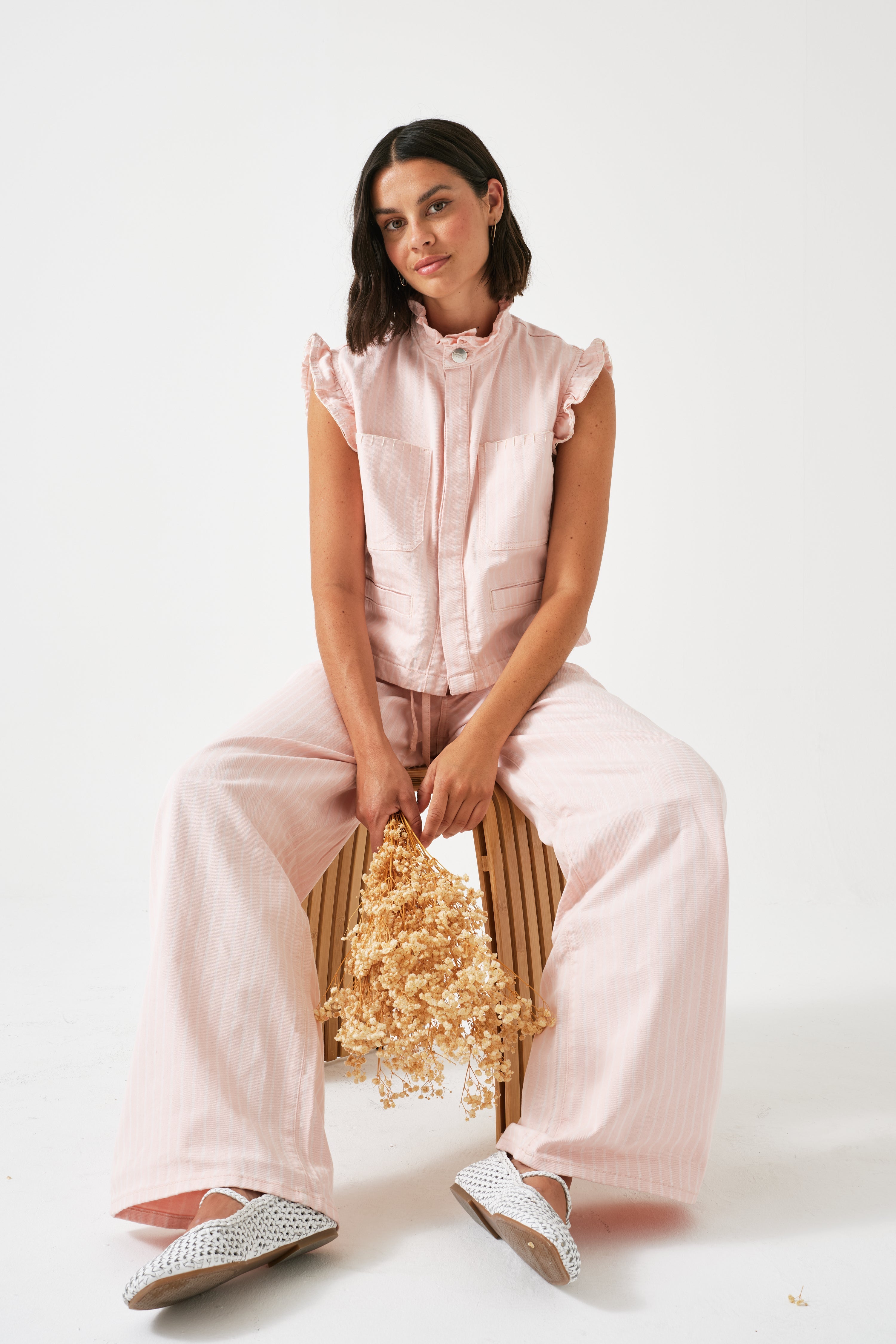 Pablo Waistcoat in Pink Dawn Wide Stripe