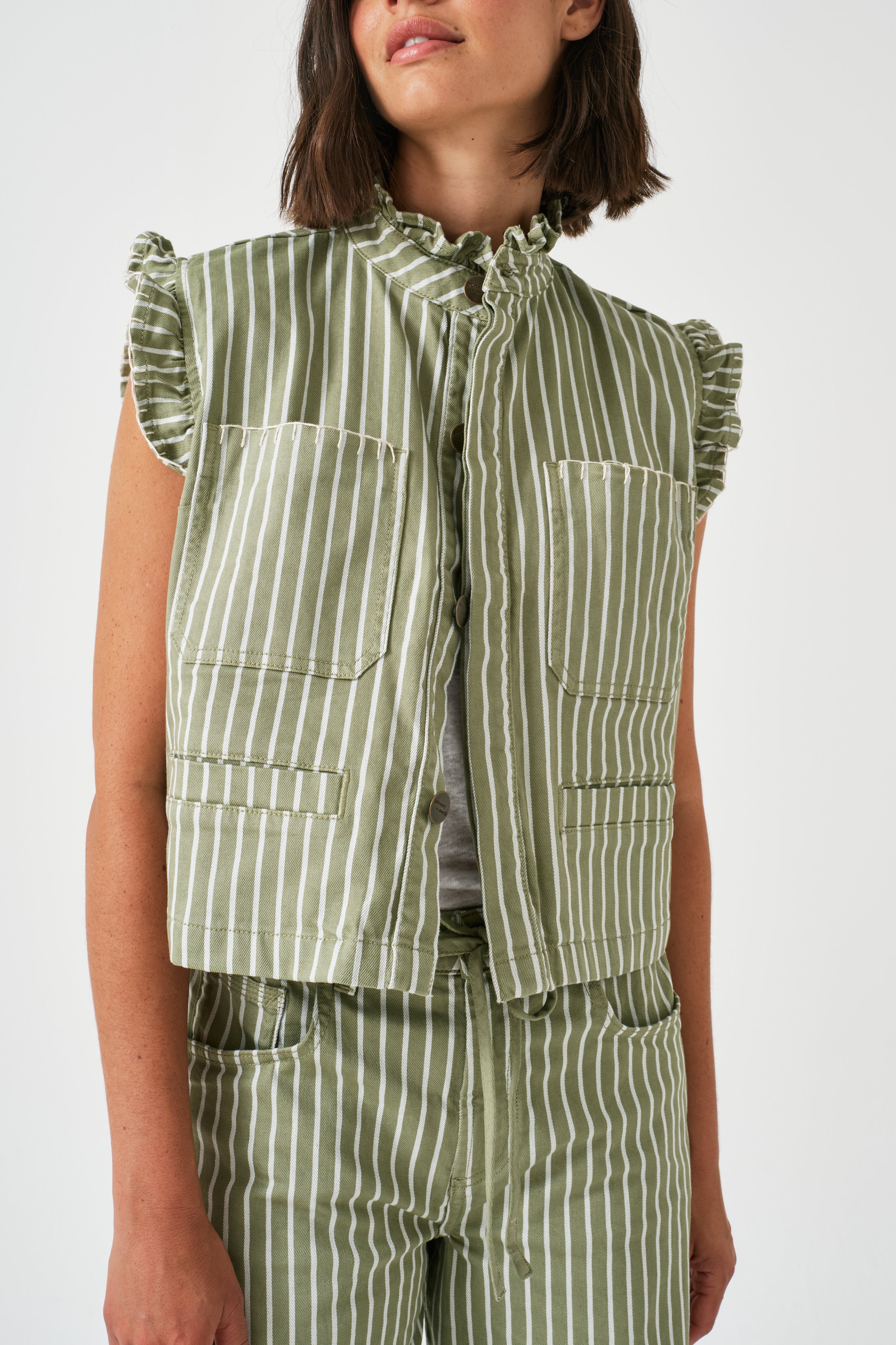 Pablo Denim Vest in Moss Wide Stripe - seventy + mochi