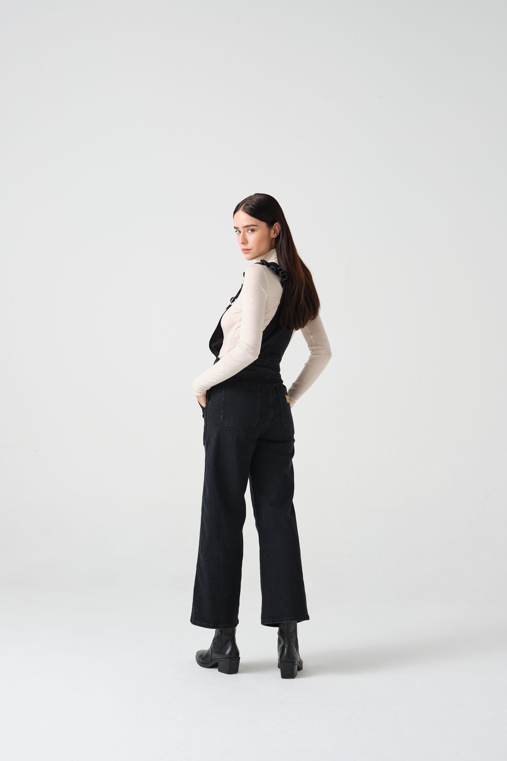Elodie Frill Dungaree in Black Denim - seventy + mochi
