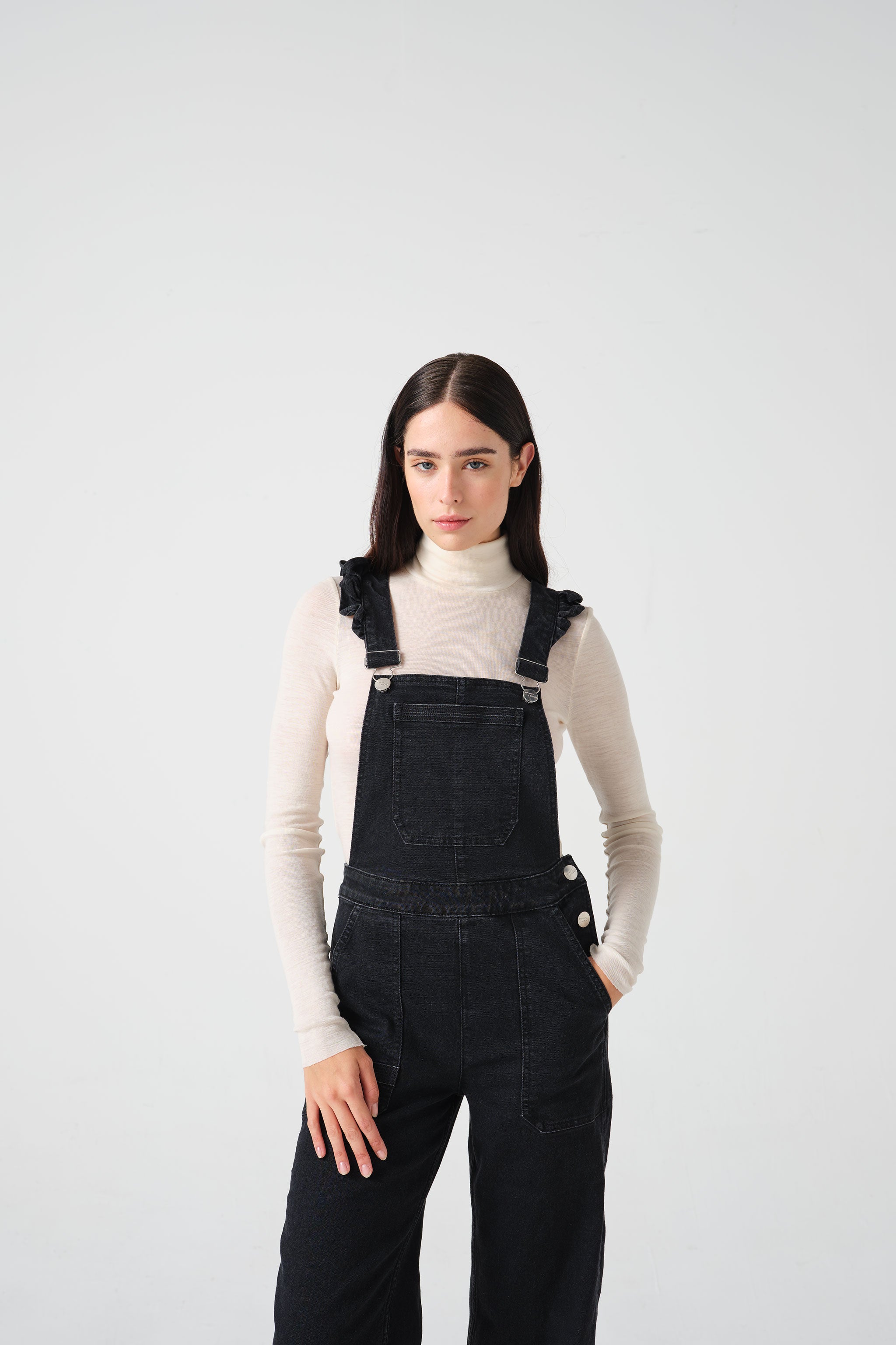 Elodie Frill Dungaree in Black Denim - seventy + mochi