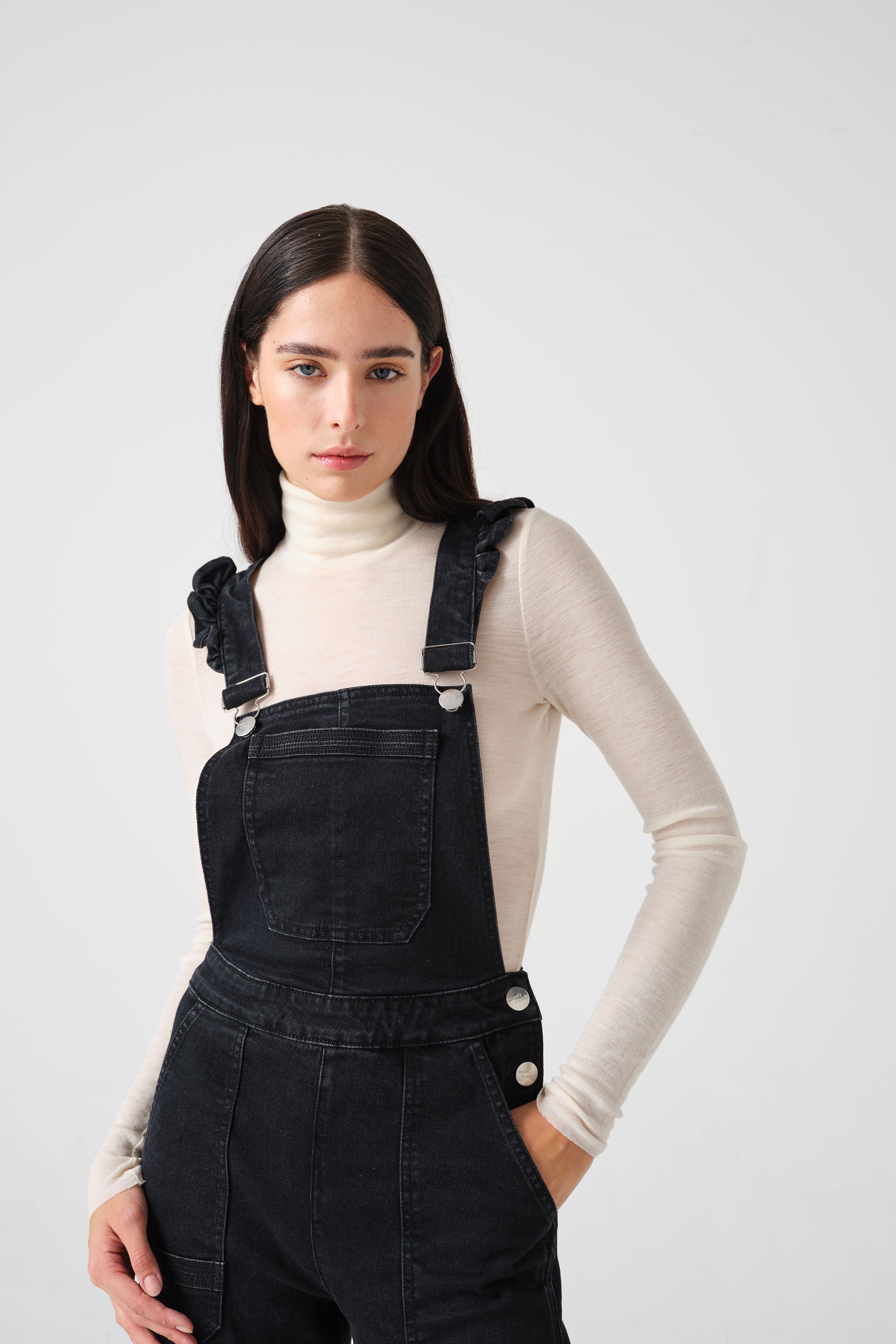 Elodie Frill Dungaree in Black Denim - seventy + mochi