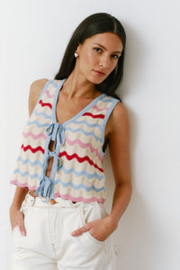 Edie Cashmere Tie Vest in Baby Blue Stripe