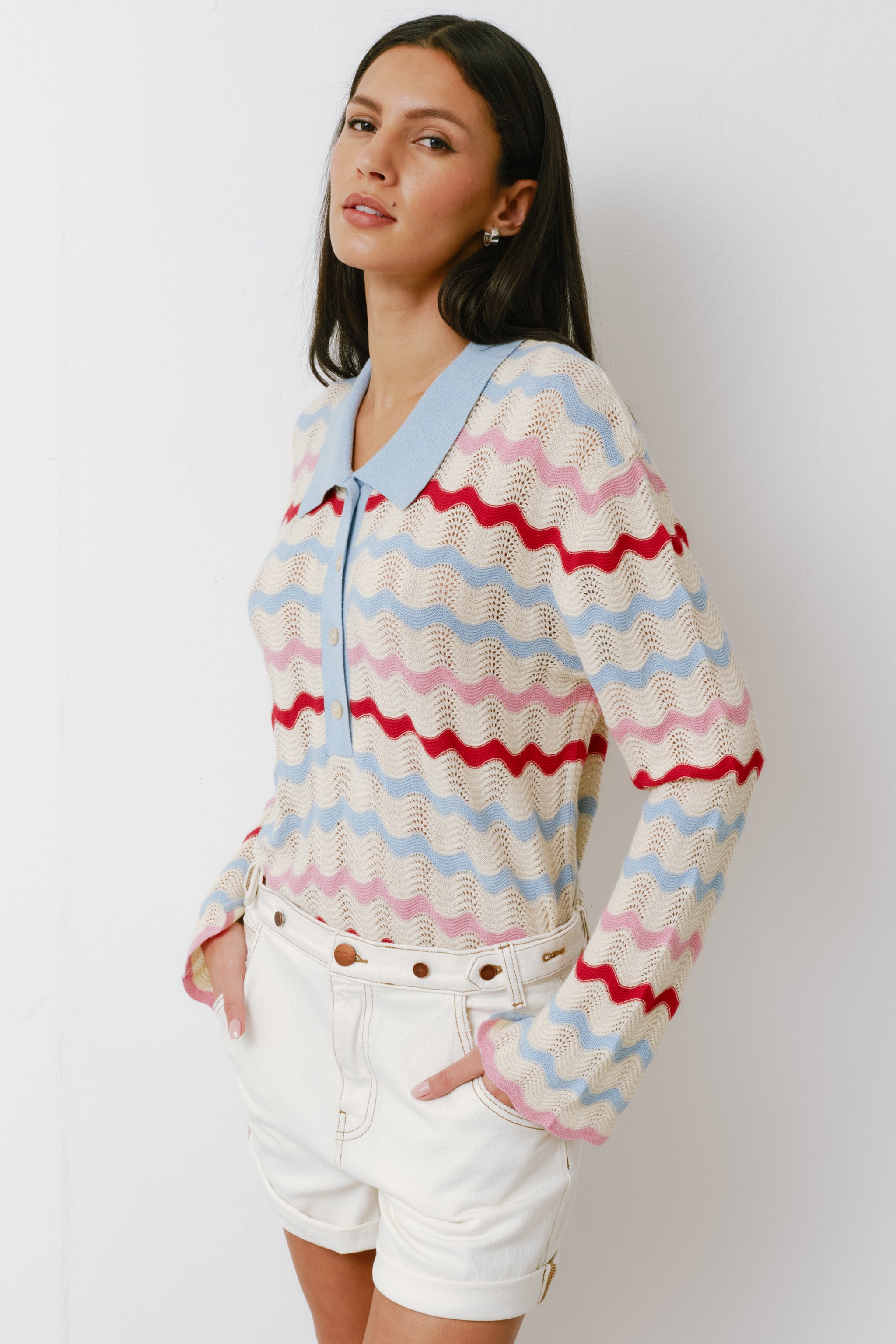 Edie Henley Top in Baby Blue Stripe
