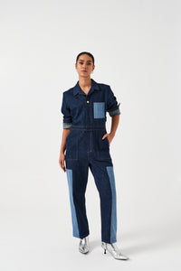 Indie Denim Jumpsuit in Patched Denim