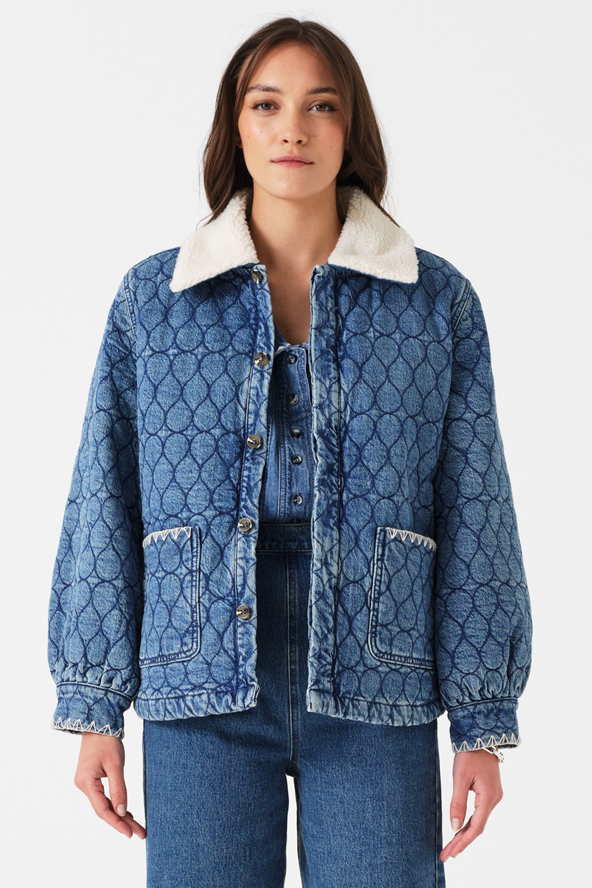Frida Sherpa Collar Quilted Jacket in Pasadena