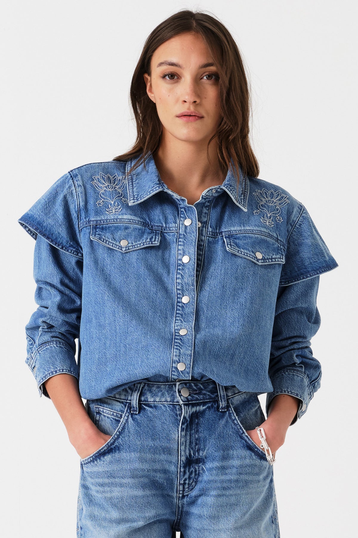 Juno Embroidered Denim Shirt in Malibu - seventy + mochi