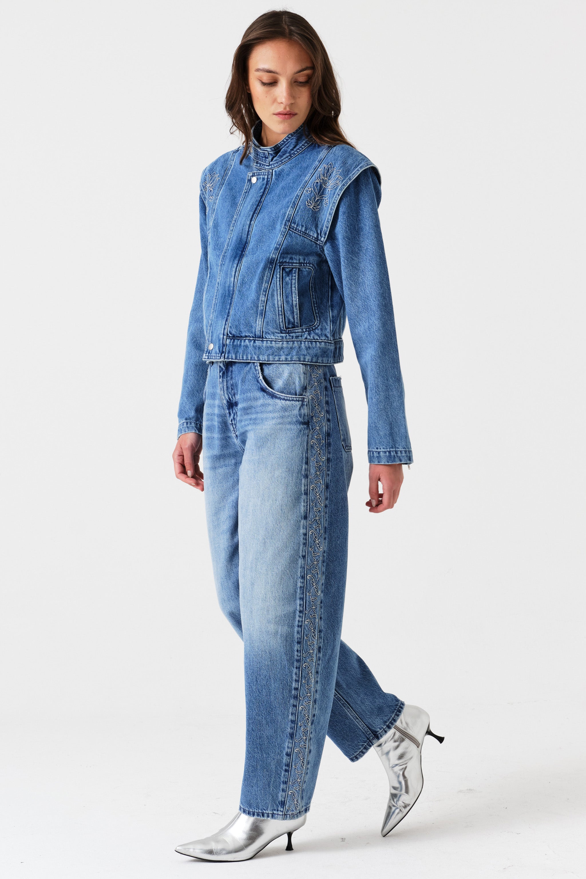 June Embroidered Denim Jacket in Malibu