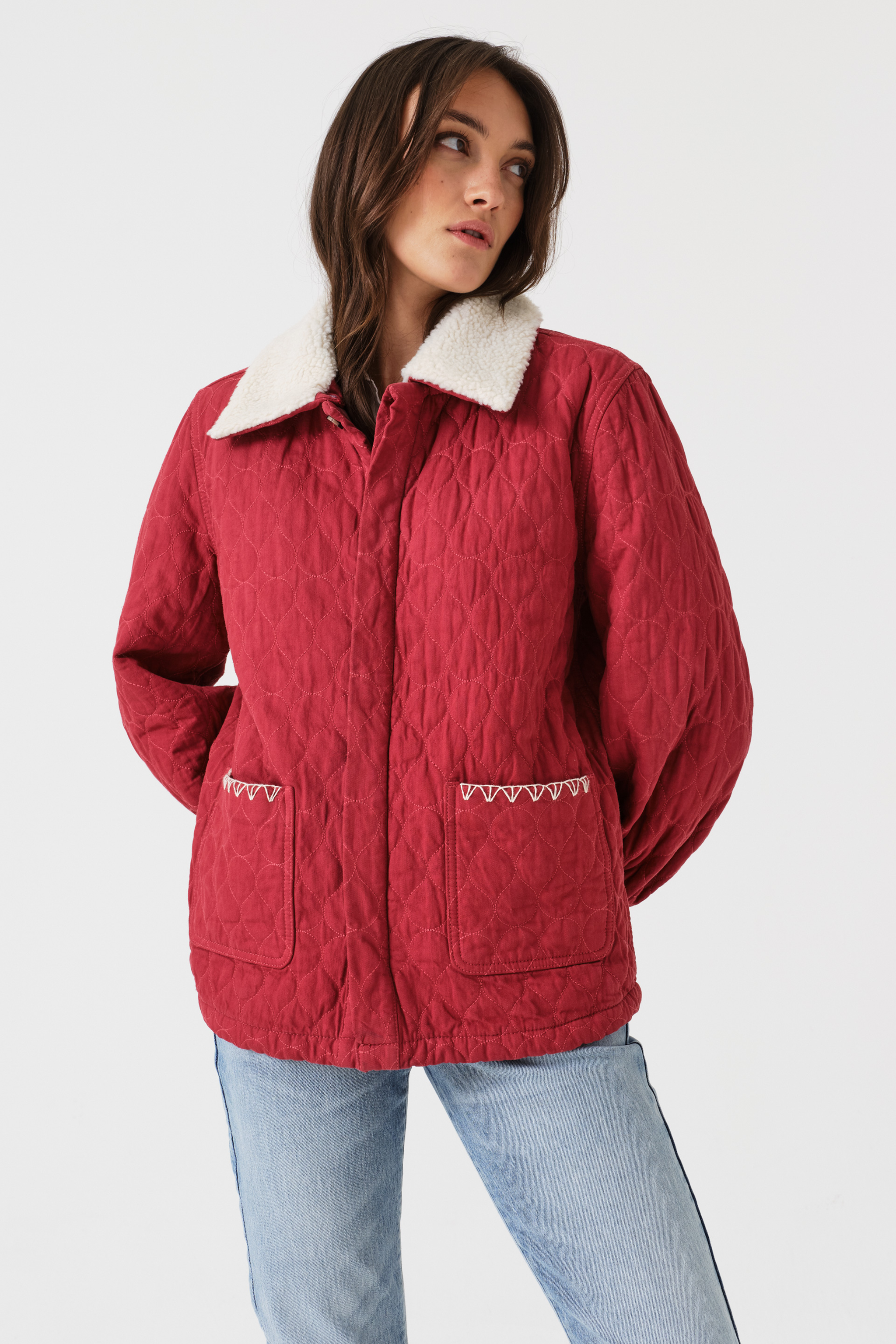Frida Sherpa Collar Quilted Jacket in Faded Rose - seventy + mochi