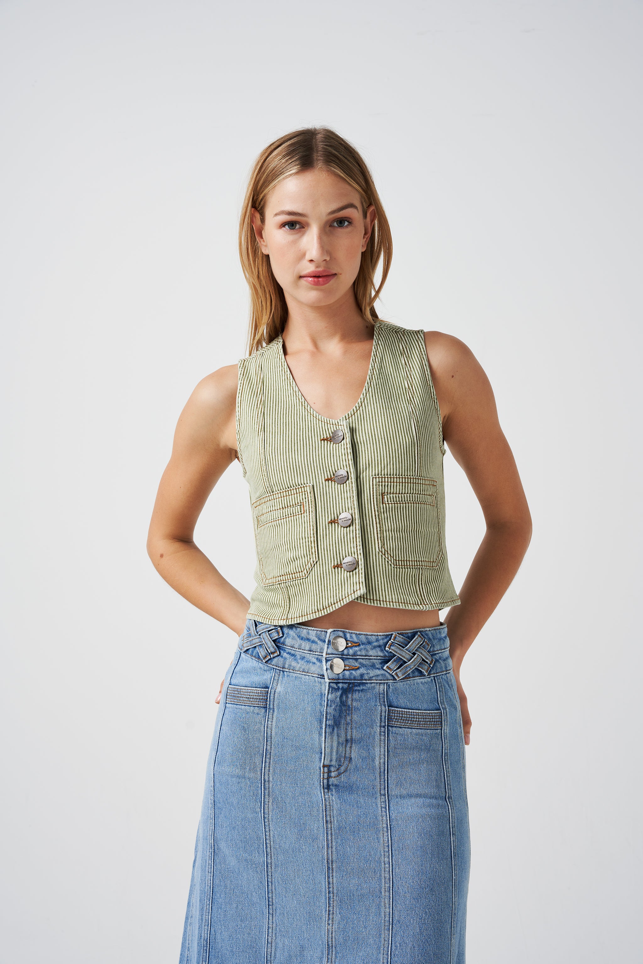 Bea Waistcoat in Khaki Stripe - seventy + mochi