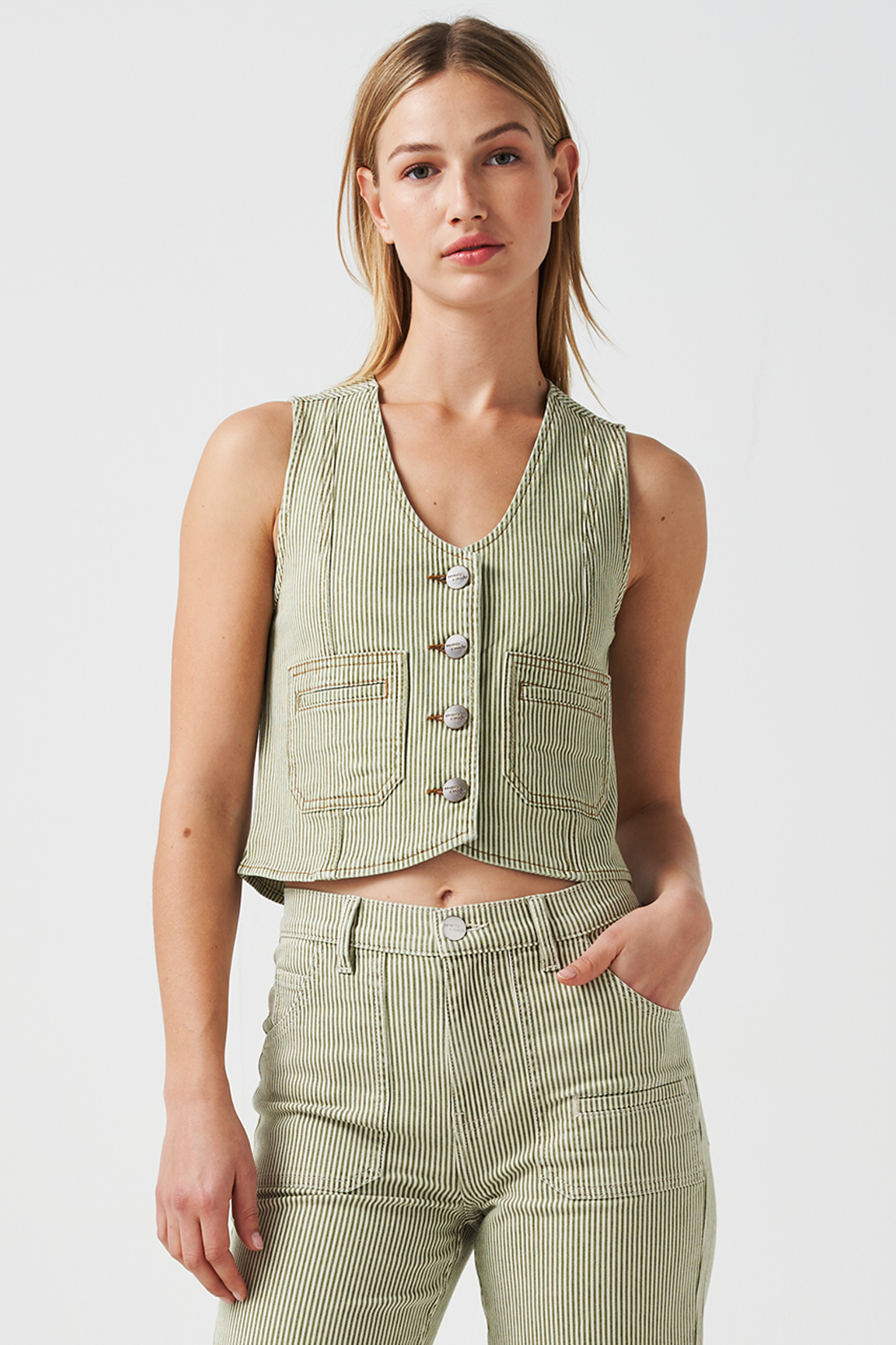 Bea Waistcoat in Khaki Stripe - seventy + mochi
